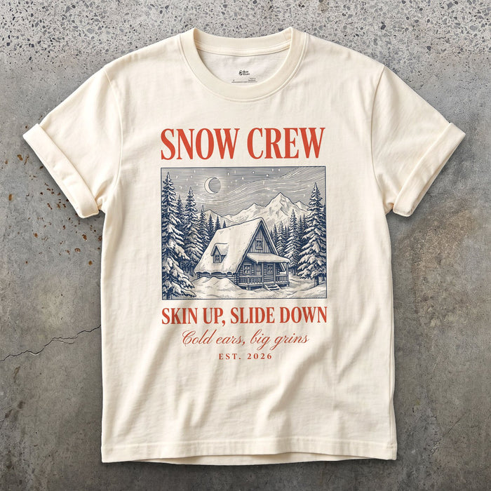 Skin Up, Slide Down, Snow Crew design on a Natural Gildan Softstyle t-shirt