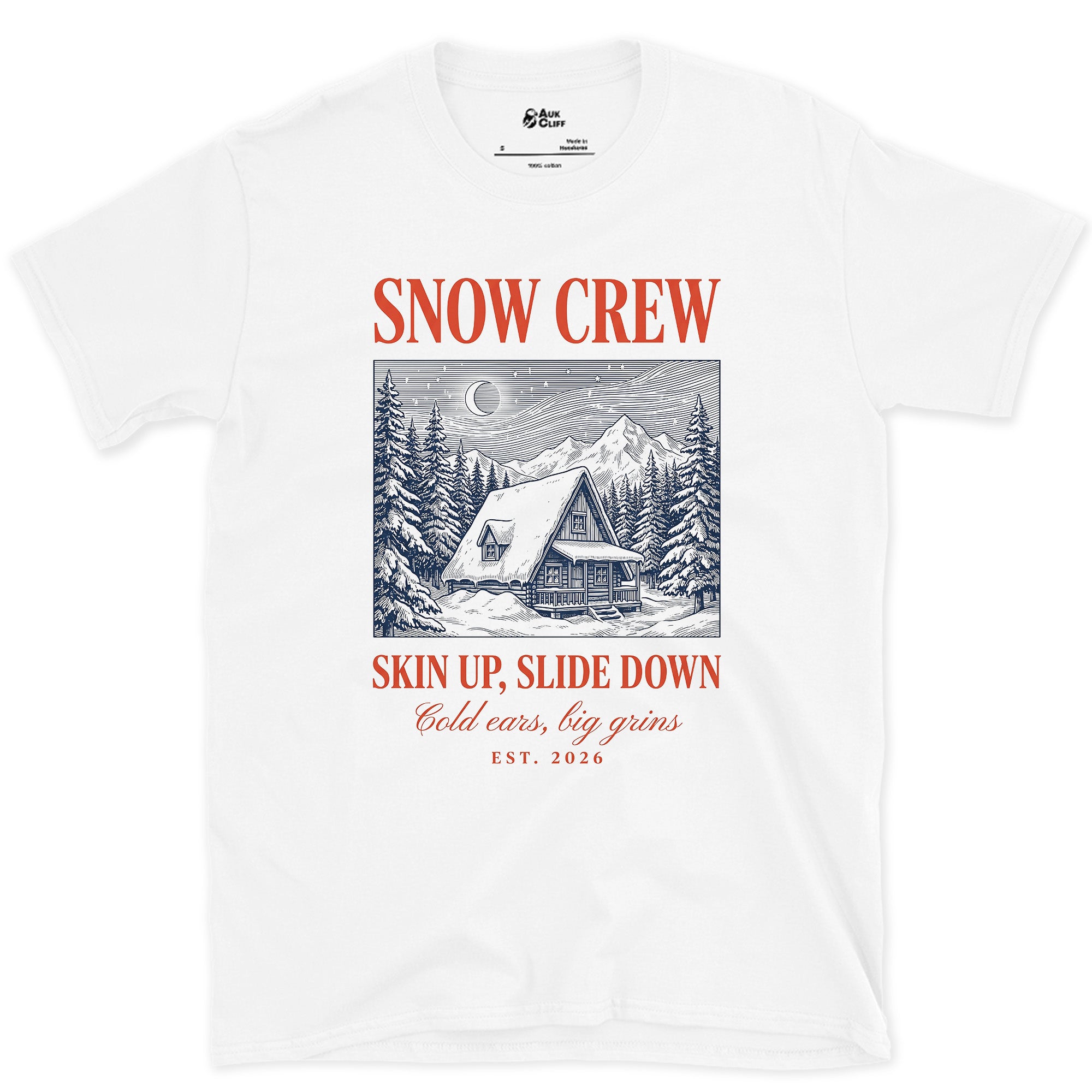 Skin Up, Slide Down, Snow Crew design on a White Gildan Softstyle t-shirt