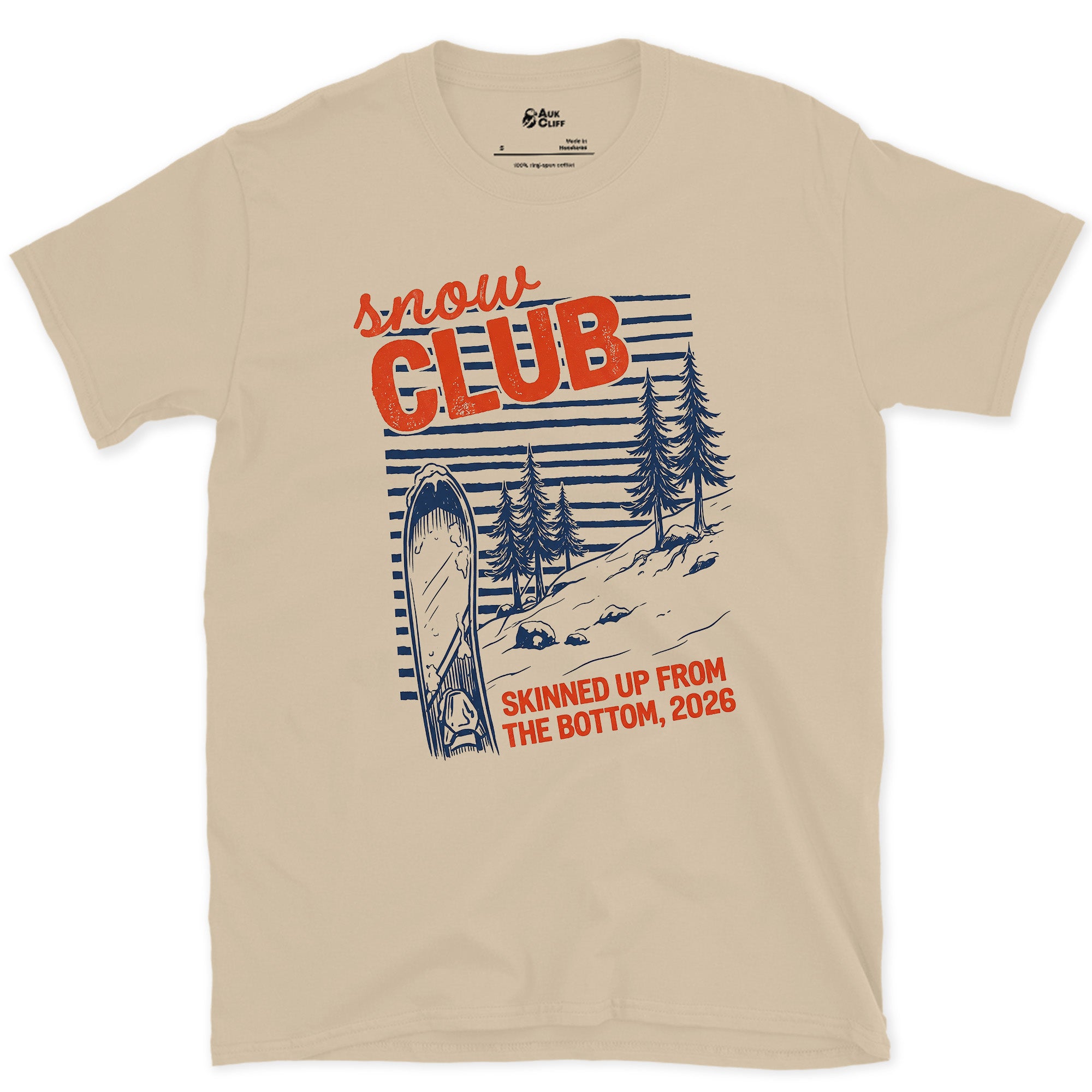 Snow Club Splitboarder on the Stripes design on a Sand Gildan Softstyle t-shirt