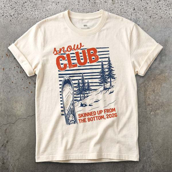 Snow Club Splitboarder on the Stripes design on a Natural Gildan Softstyle t-shirt