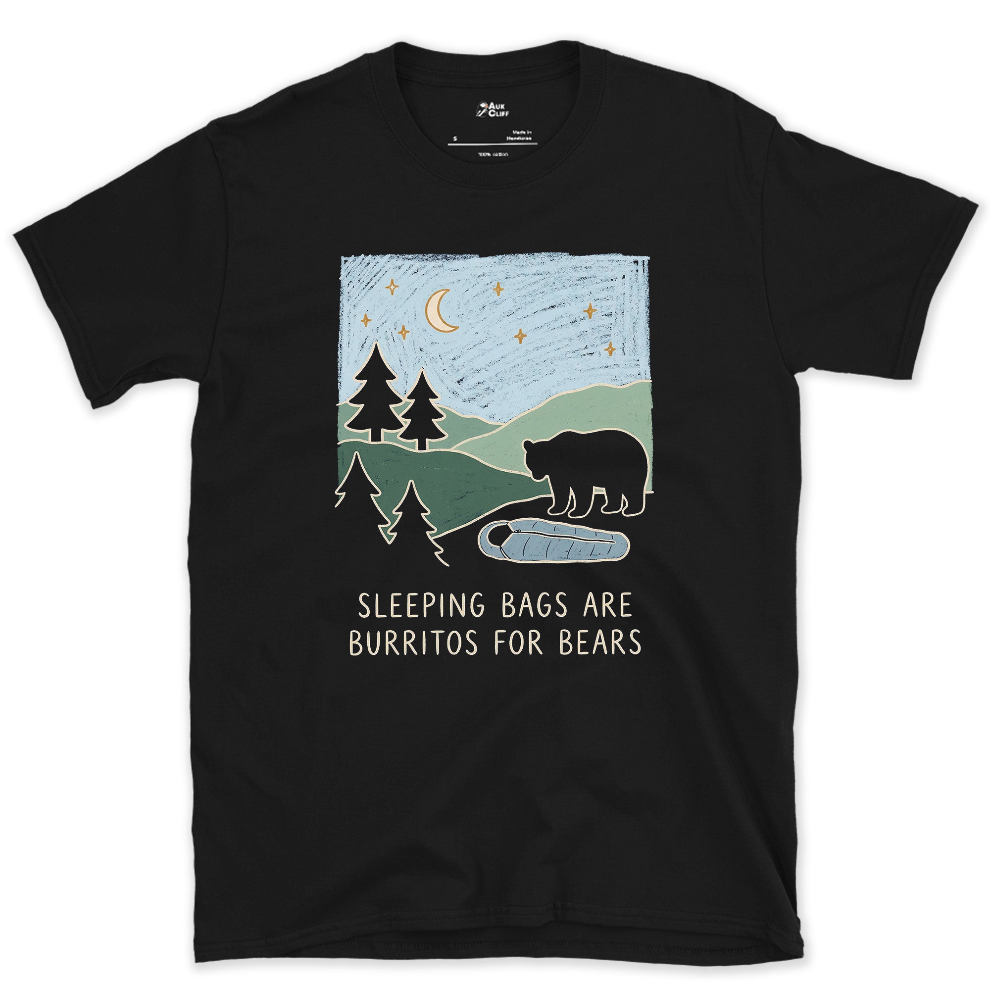Sleeping Bags Are Burritos for Bears design on a Black Gildan Softstyle t-shirt