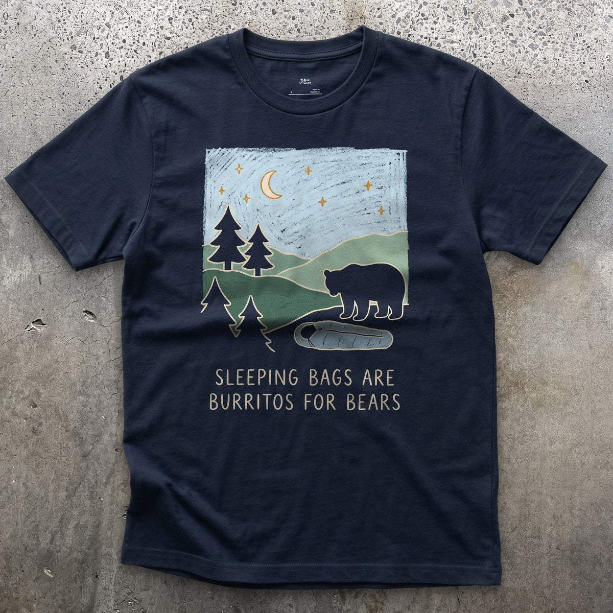Sleeping Bags Are Burritos for Bears design on a Navy Gildan Softstyle t-shirt