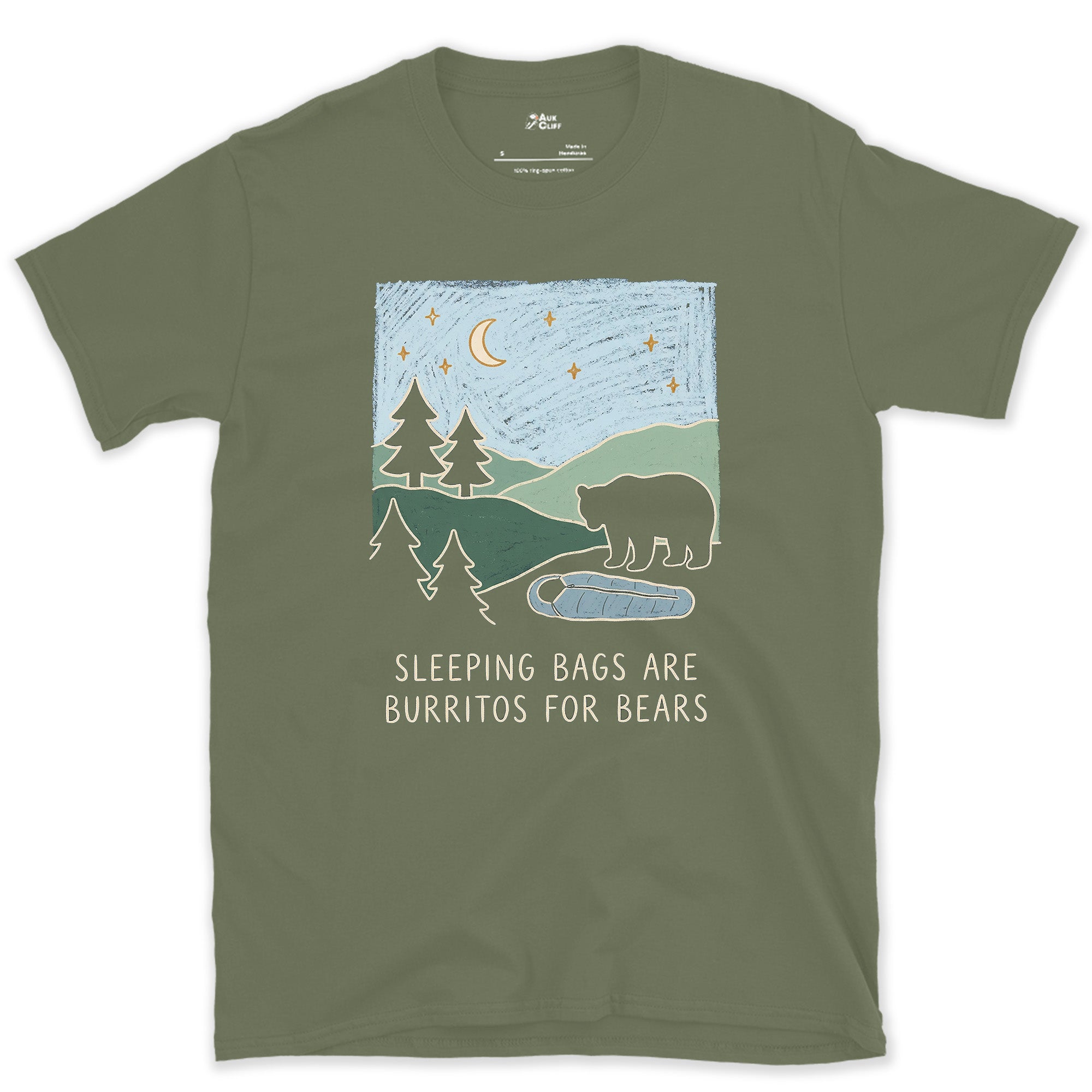Sleeping Bags Are Burritos for Bears design on a Military Green Gildan Softstyle t-shirt