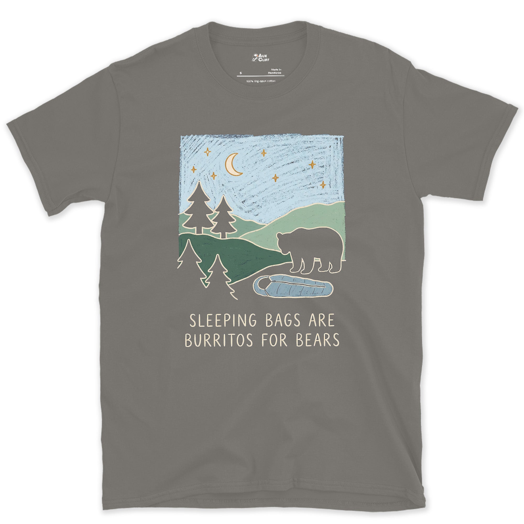 Sleeping Bags Are Burritos for Bears design on a Charcoal Gildan Softstyle t-shirt