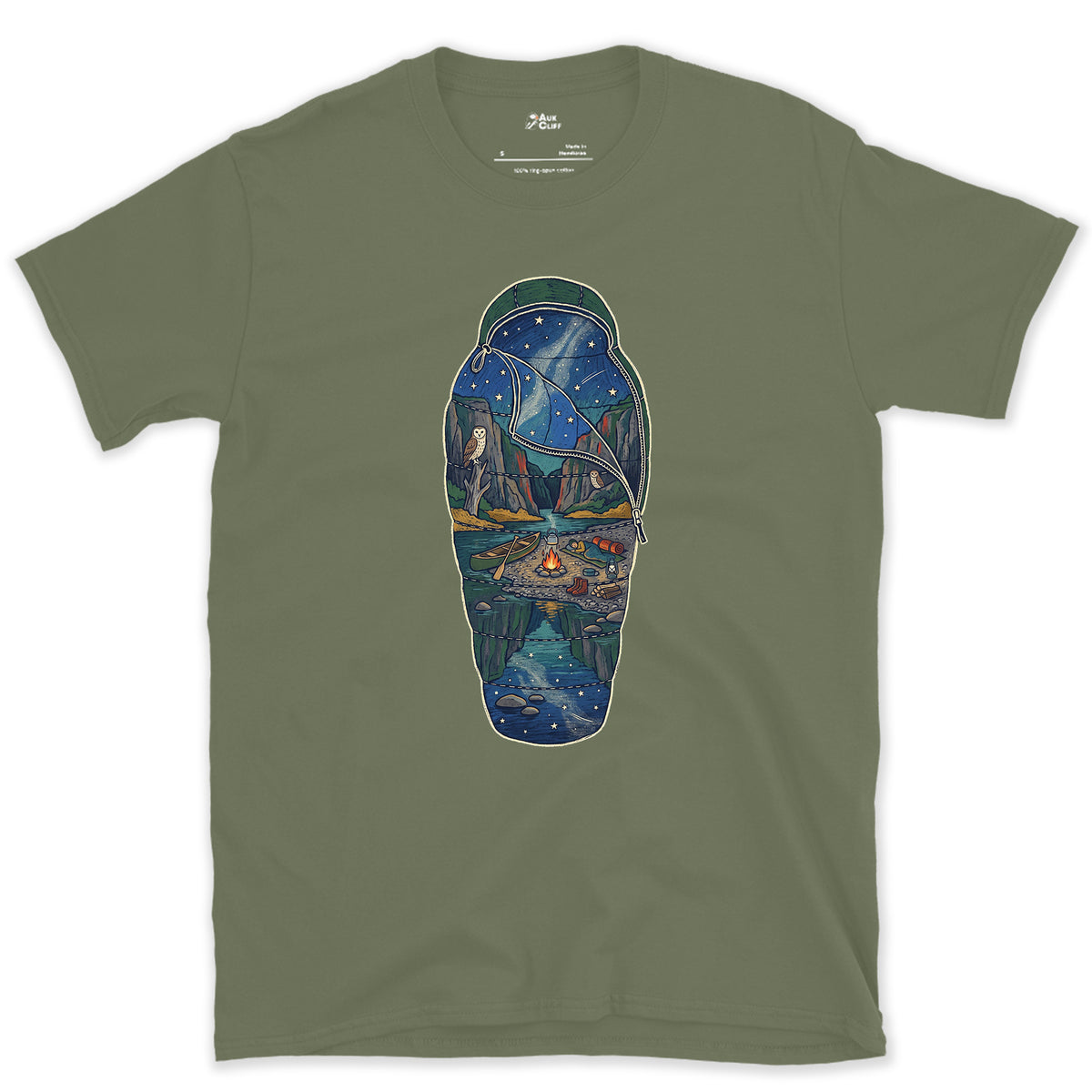 Sleeping Out Under the Stars design on a Military Green Gildan Softstyle t-shirt