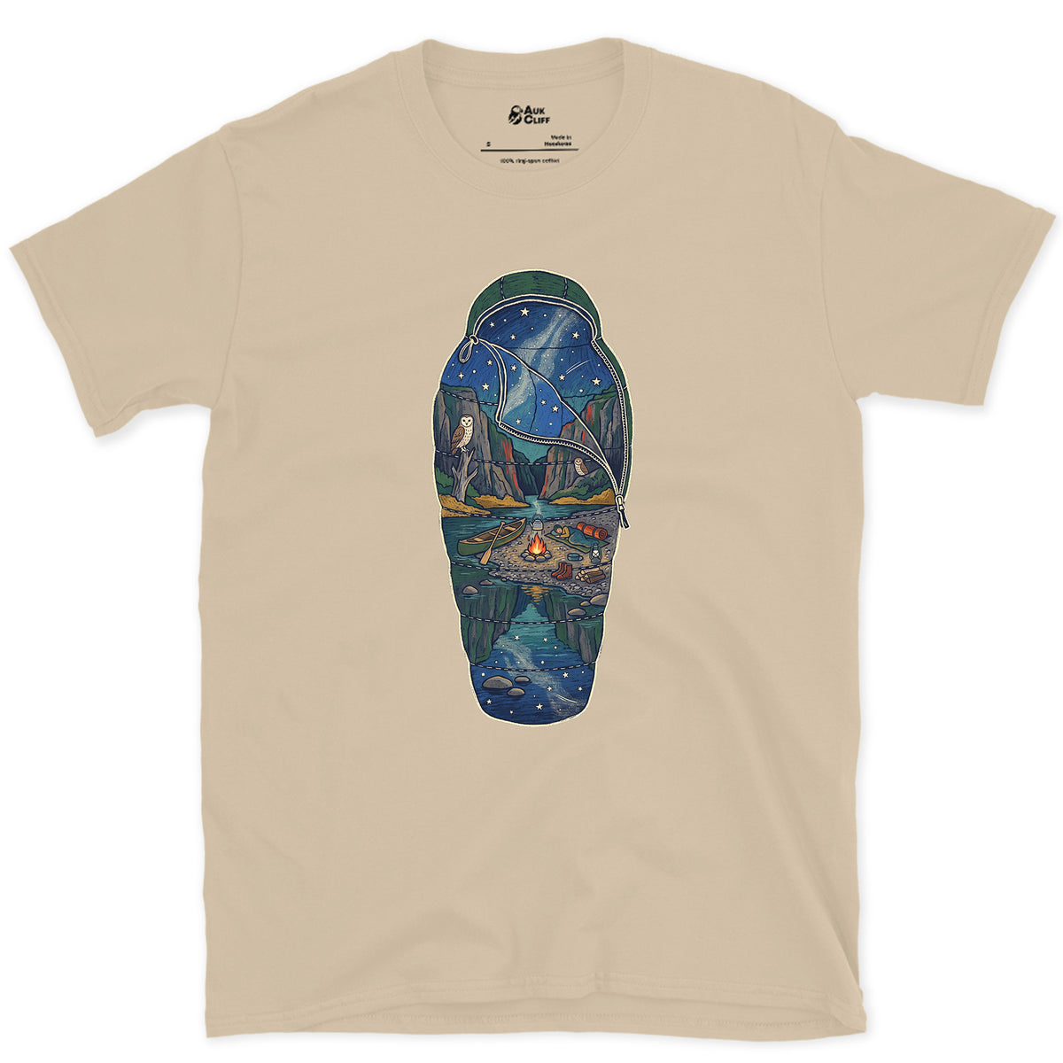 Sleeping Out Under the Stars design on a Sand Gildan Softstyle t-shirt