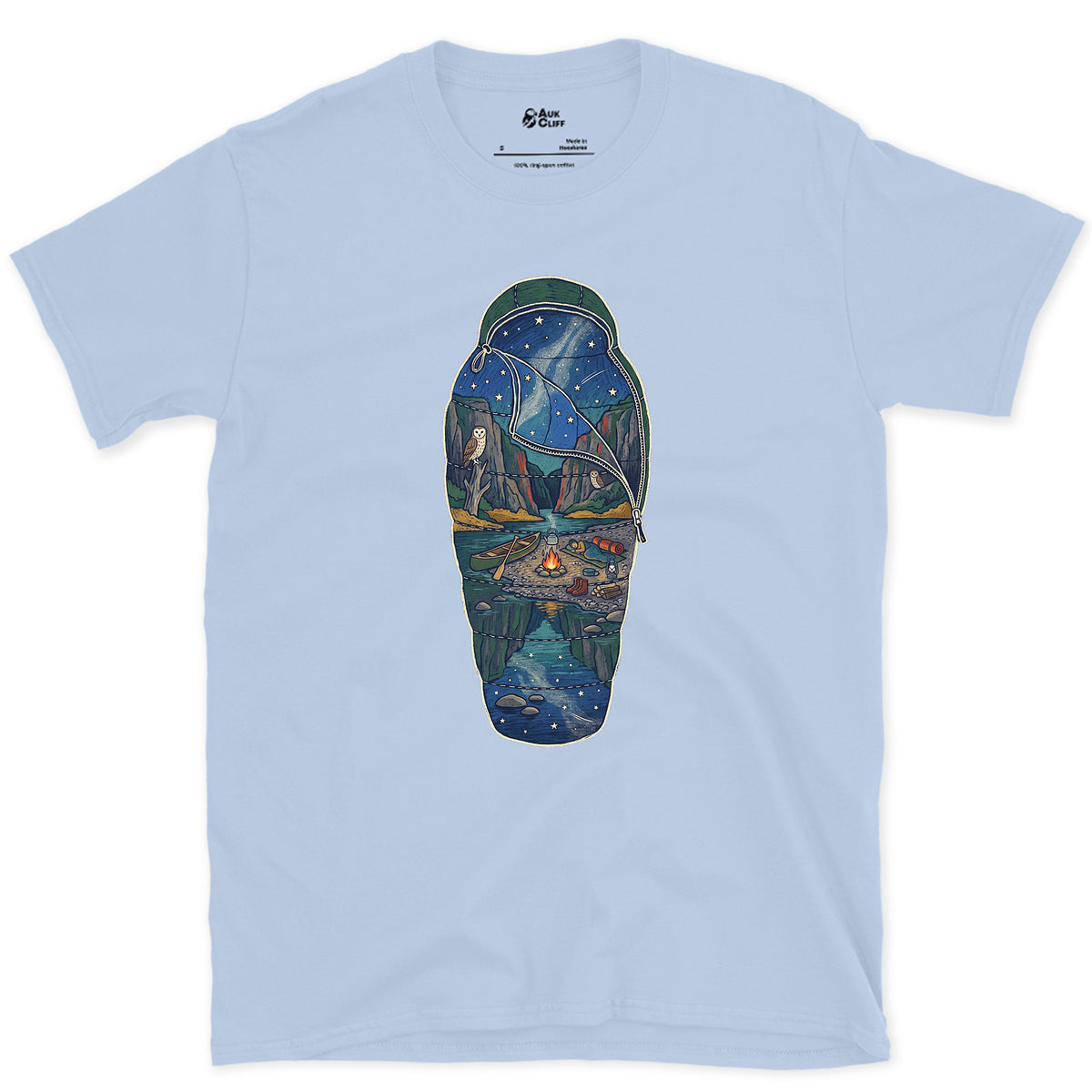 Sleeping Out Under the Stars design on a Light Blue Gildan Softstyle t-shirt