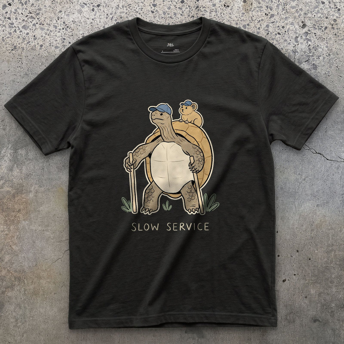 Slow Service, Tortoise Hiker and Pika design on a Black Gildan Softstyle t-shirt