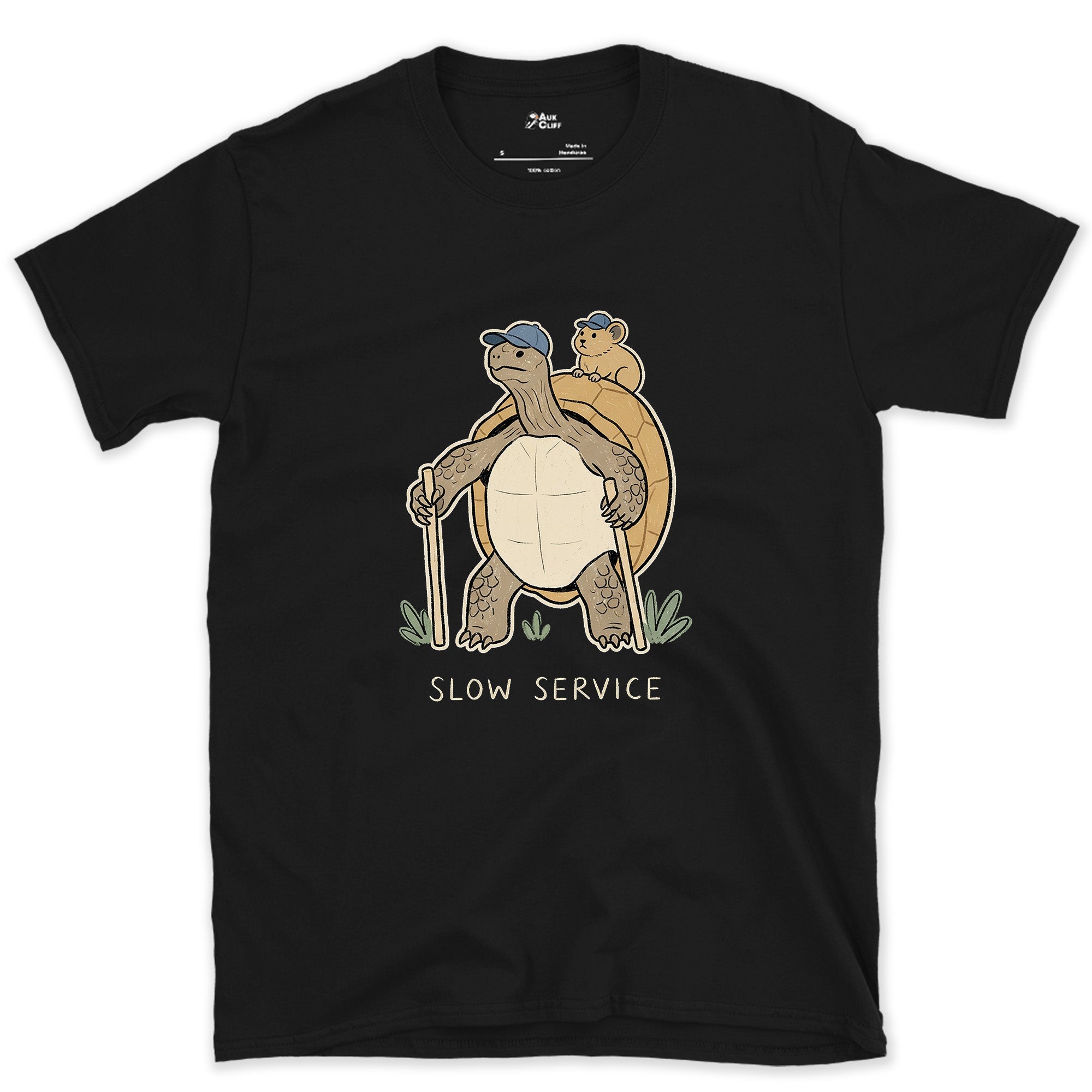 Slow Service, Tortoise Hiker and Pika design on a Black Gildan Softstyle t-shirt
