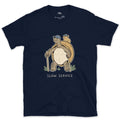 Slow Service, Tortoise Hiker and Pika design on a Navy Gildan Softstyle t-shirt