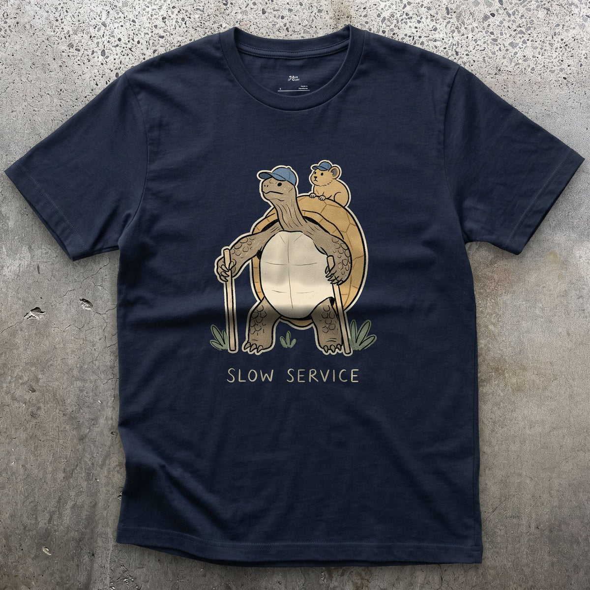 Slow Service, Tortoise Hiker and Pika design on a Navy Gildan Softstyle t-shirt