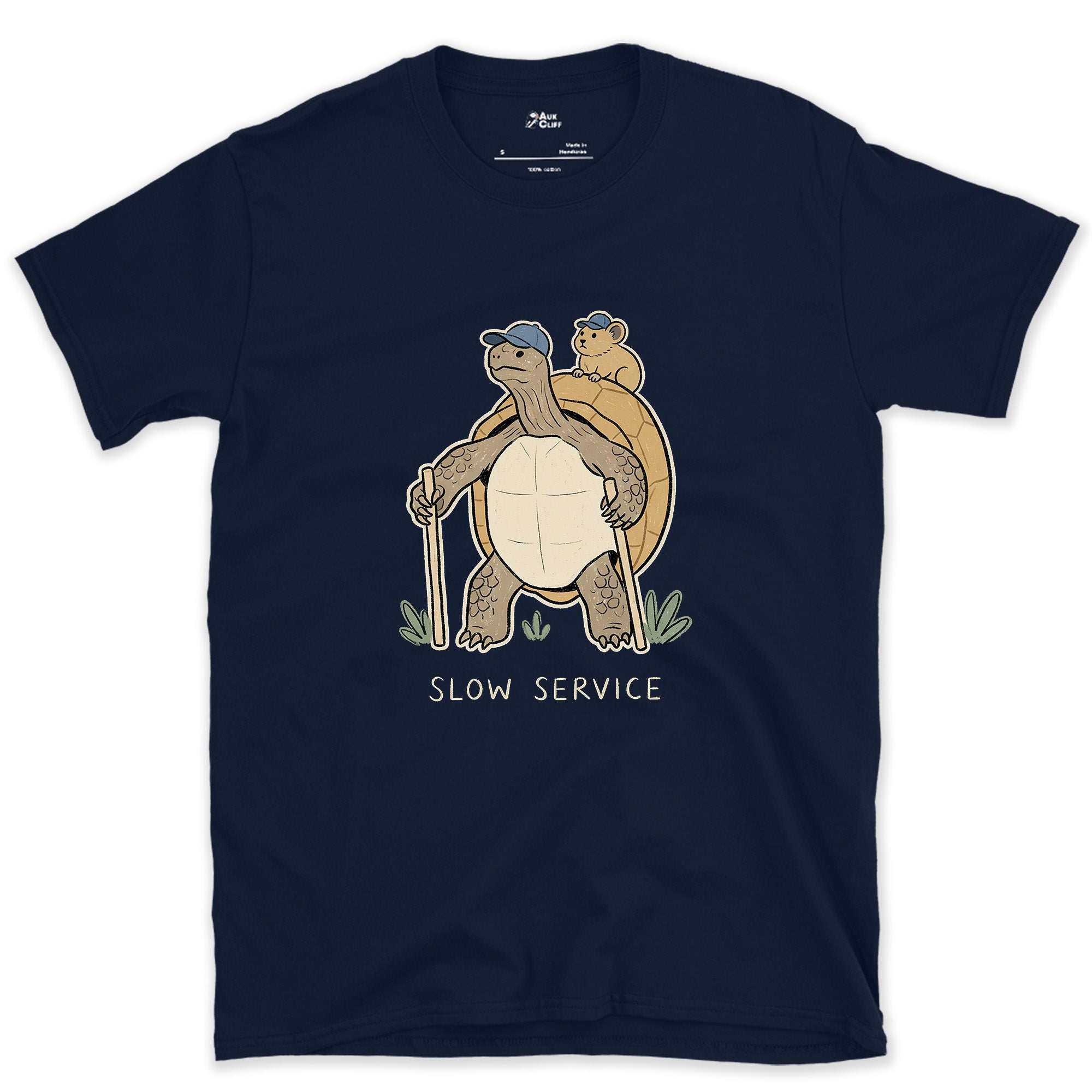 Slow Service, Tortoise Hiker and Pika design on a Navy Gildan Softstyle t-shirt