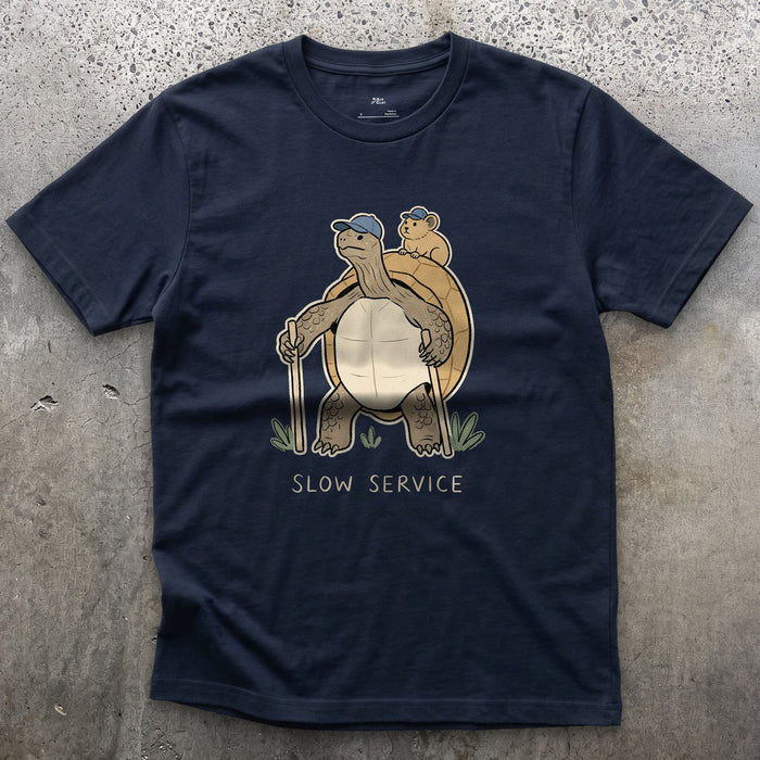Slow Service, Tortoise Hiker and Pika design on a Navy Gildan Softstyle t-shirt
