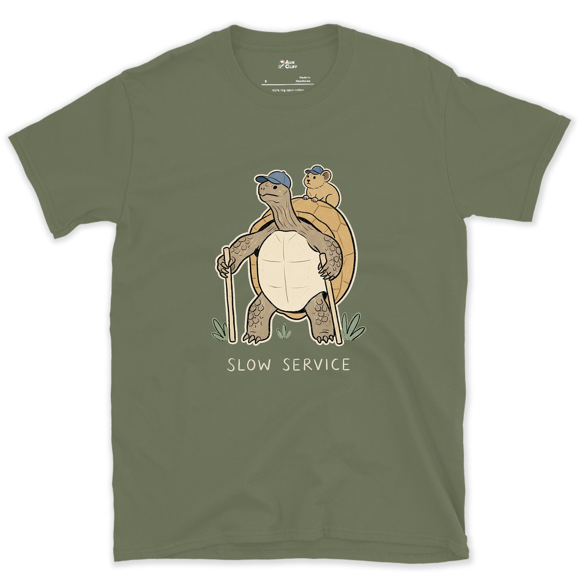 Slow Service, Tortoise Hiker and Pika design on a Military Green Gildan Softstyle t-shirt