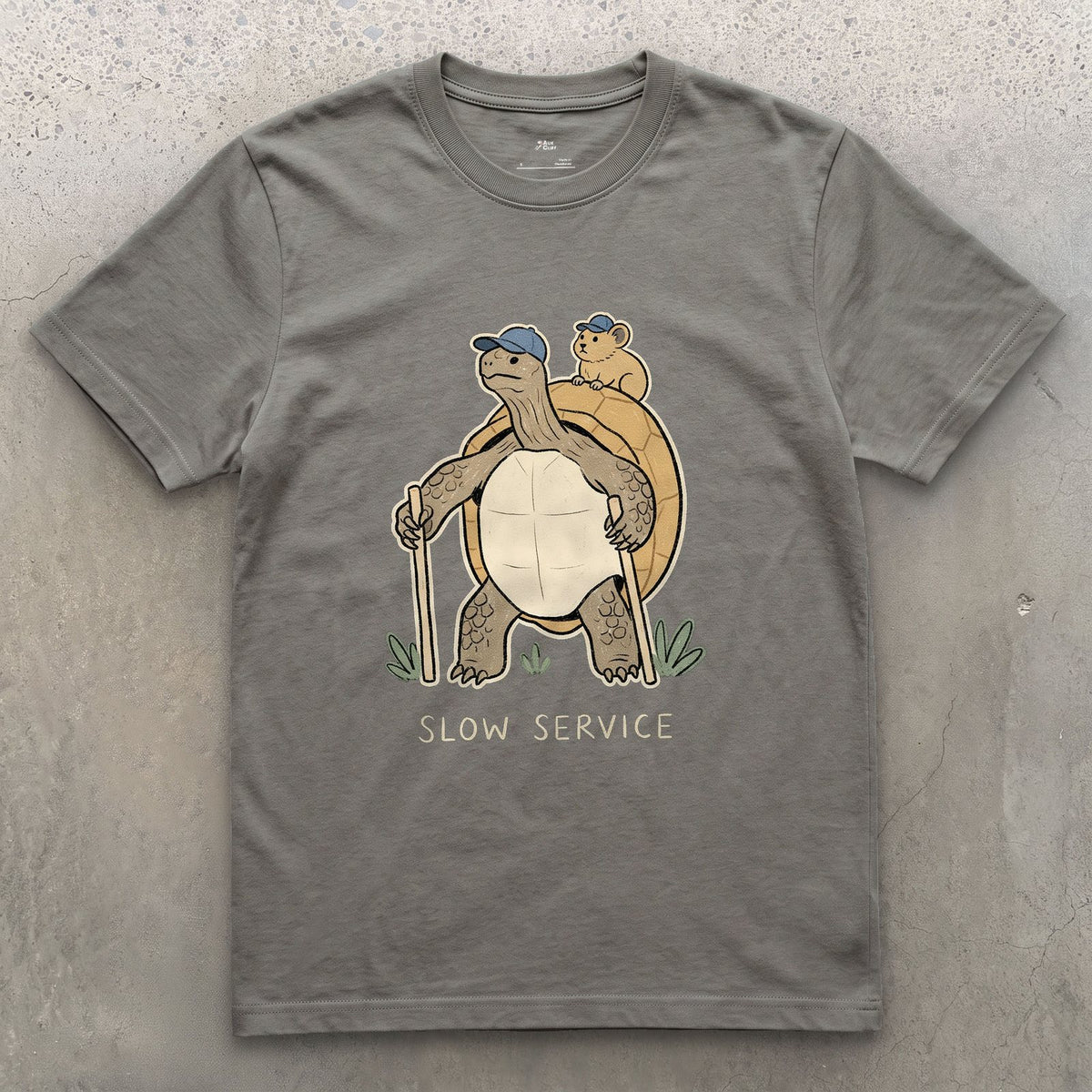 Slow Service, Tortoise Hiker and Pika design on a Charcoal Gildan Softstyle t-shirt