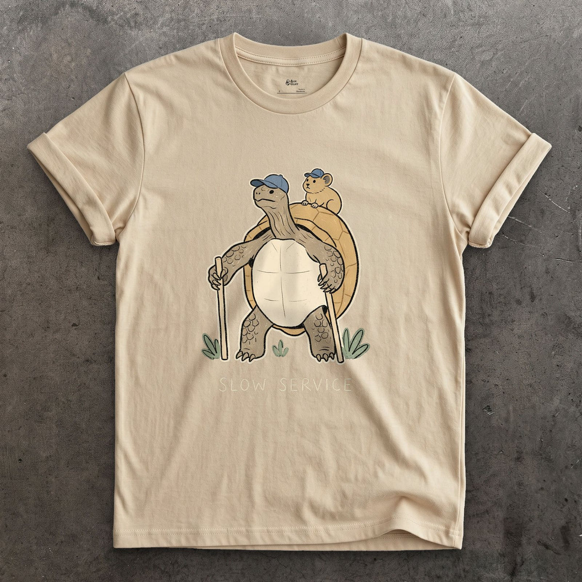 Slow Service, Tortoise Hiker and Pika design on a Sand Gildan Softstyle t-shirt