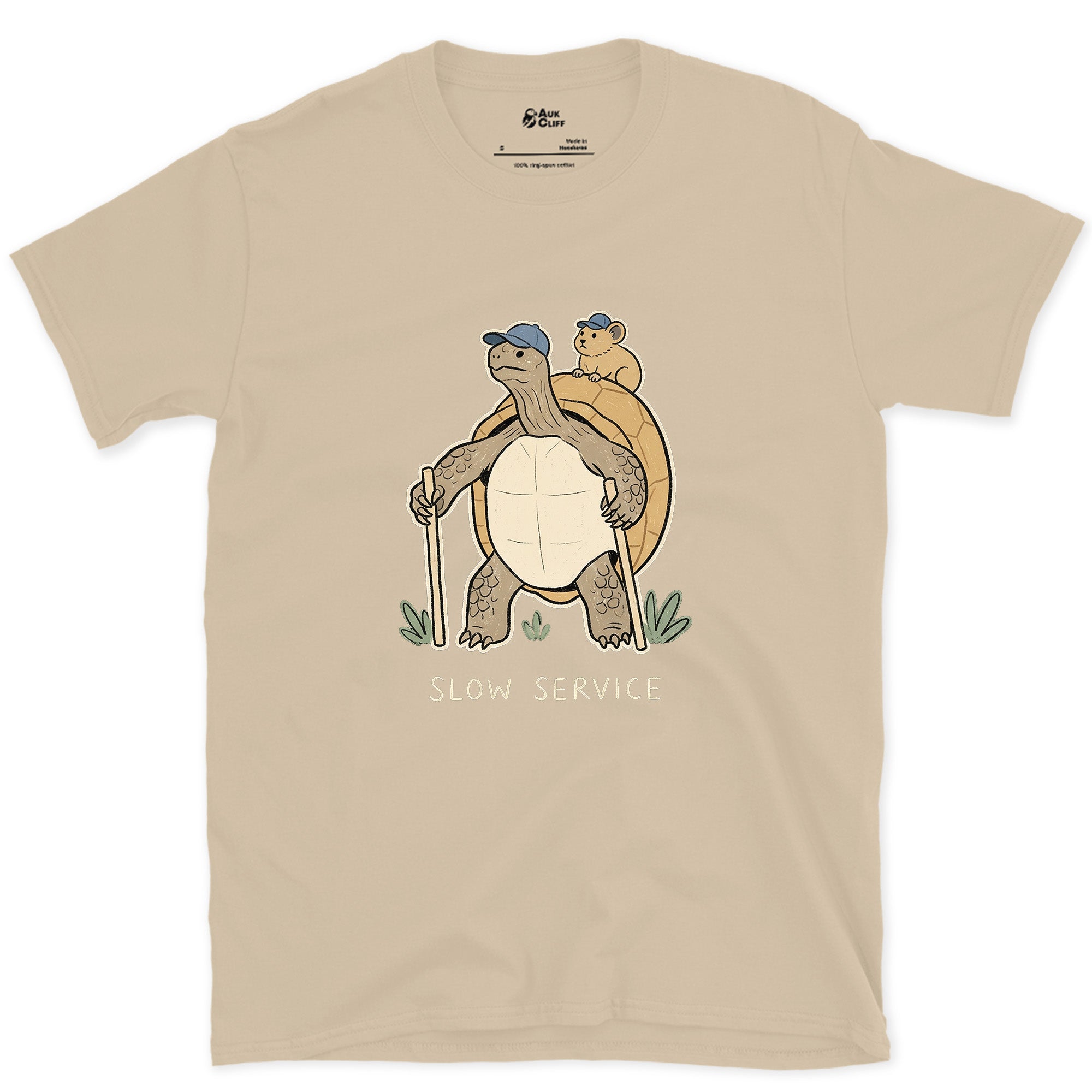 Slow Service, Tortoise Hiker and Pika design on a Sand Gildan Softstyle t-shirt