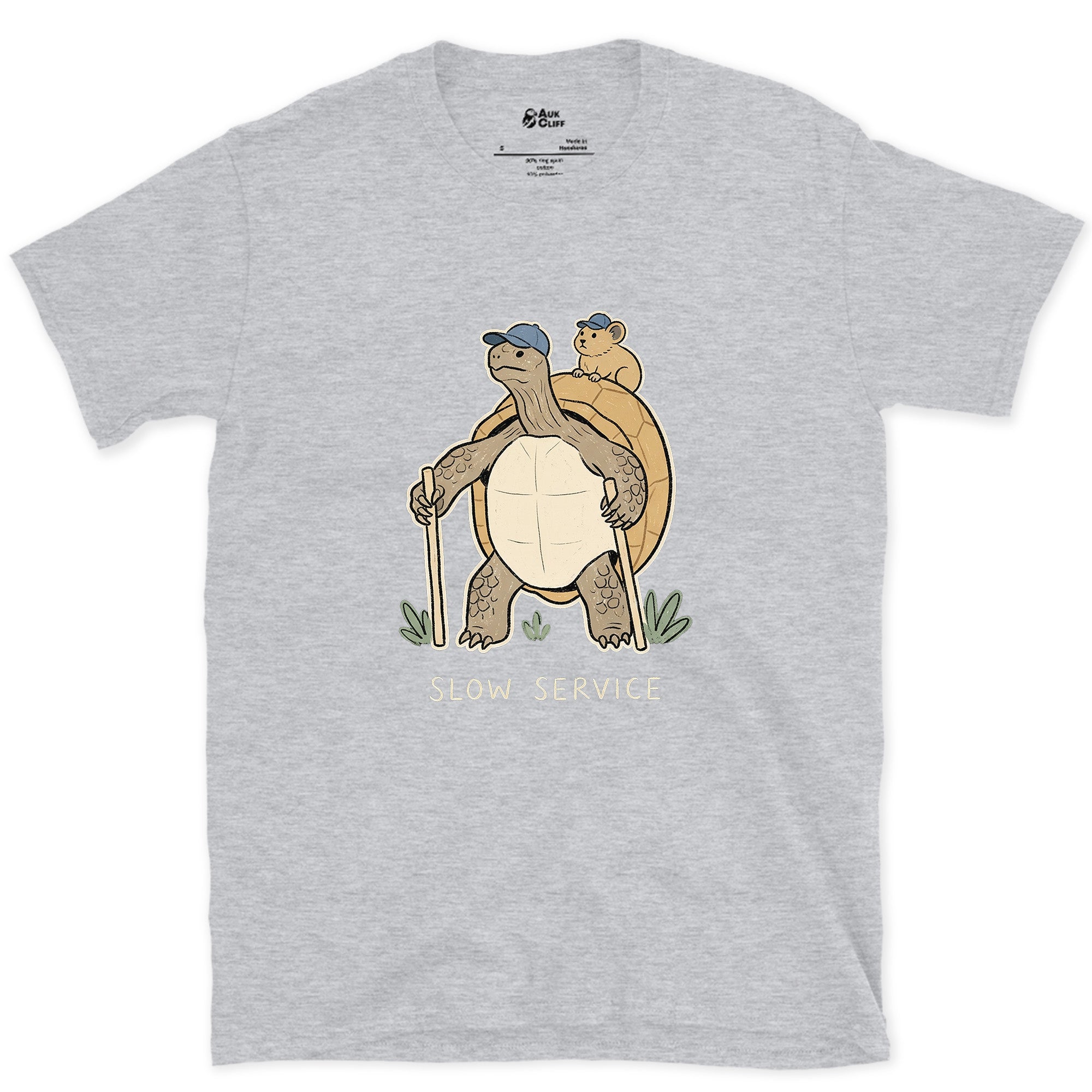 Slow Service, Tortoise Hiker and Pika design on a Sport Grey Gildan Softstyle t-shirt