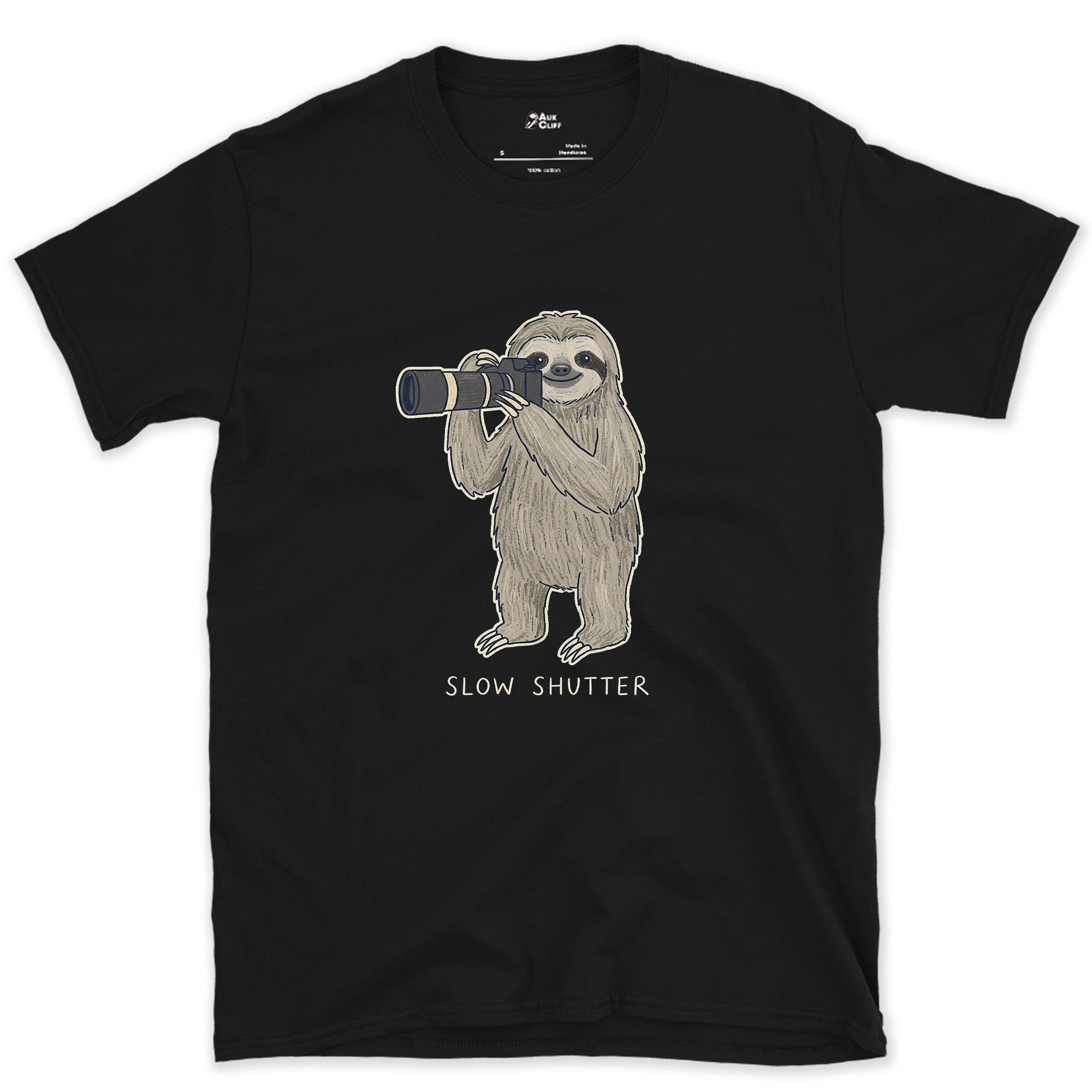 Slow Shutter, Sloth Never Rushes Anyway design on a Black Gildan Softstyle t-shirt