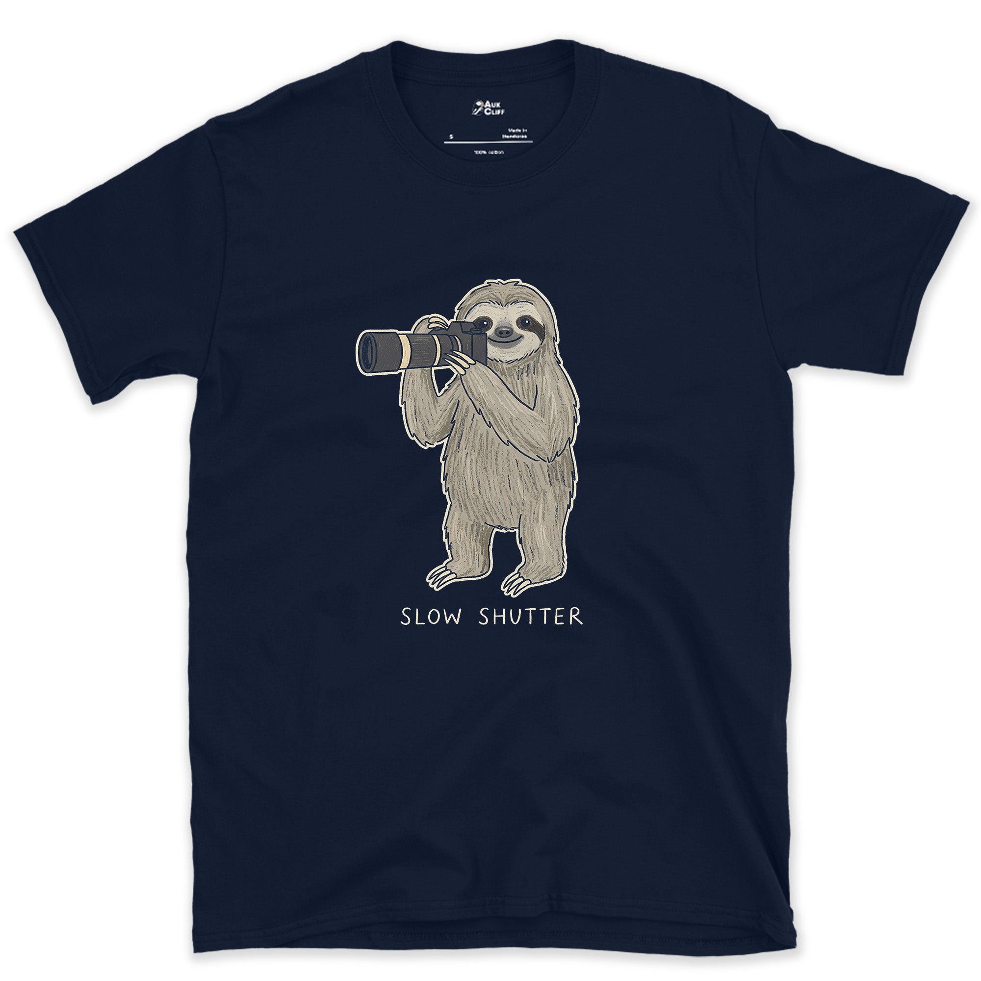 Slow Shutter, Sloth Never Rushes Anyway design on a Navy Gildan Softstyle t-shirt