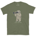 Slow Shutter, Sloth Never Rushes Anyway design on a Military Green Gildan Softstyle t-shirt