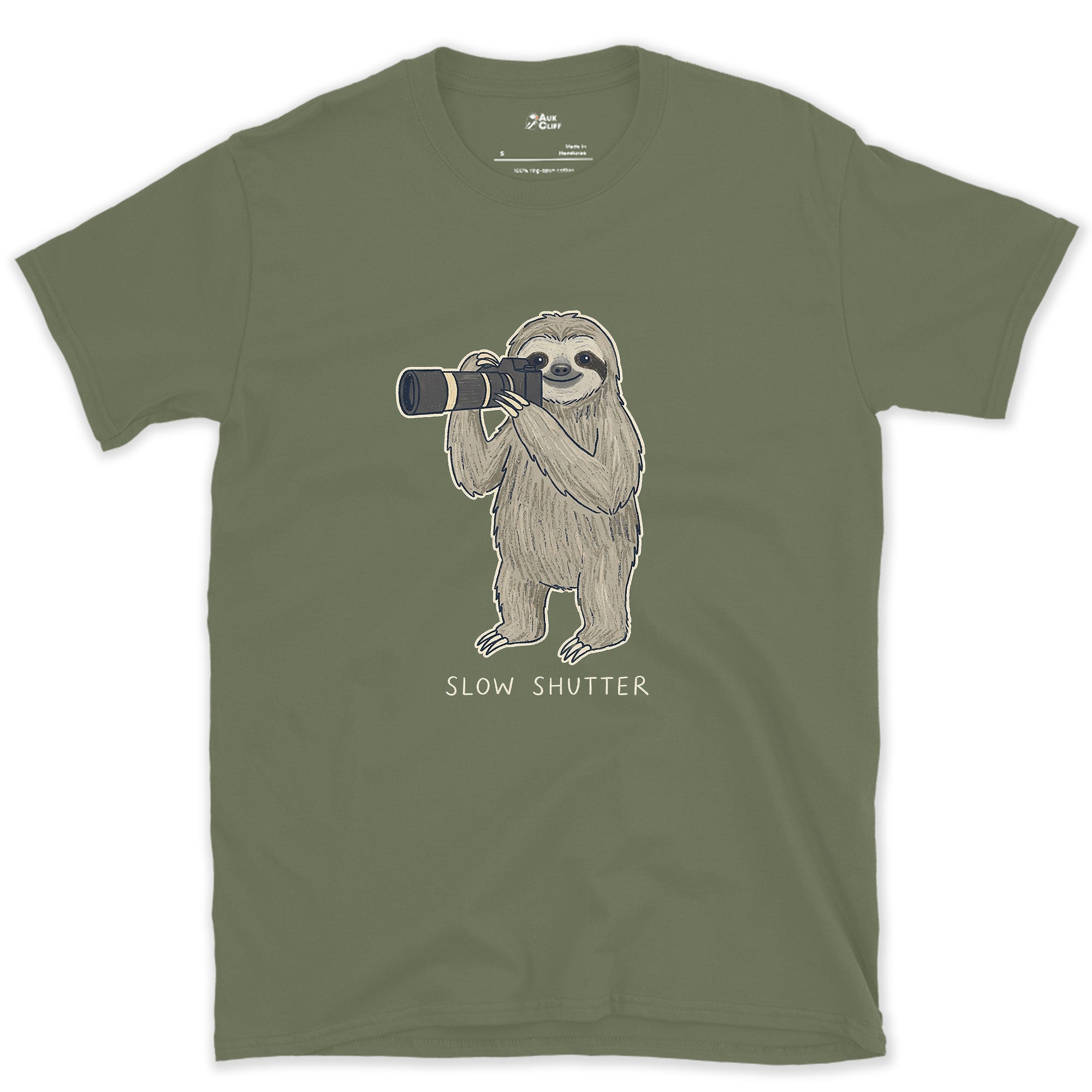 Slow Shutter, Sloth Never Rushes Anyway design on a Military Green Gildan Softstyle t-shirt