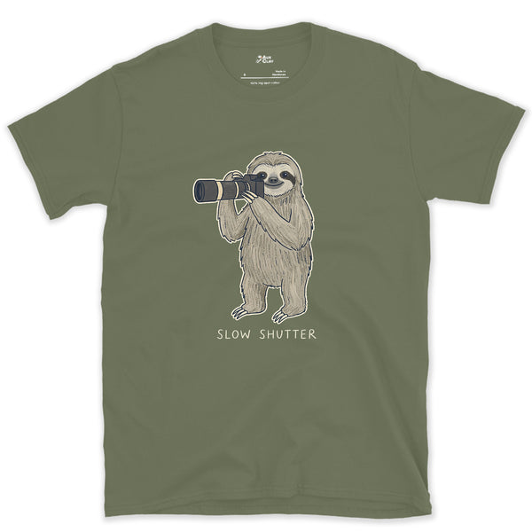 Slow Shutter, Sloth Never Rushes Anyway design on a Military Green Gildan Softstyle t-shirt