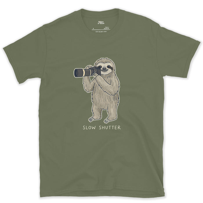 Slow Shutter, Sloth Never Rushes Anyway design on a Military Green Gildan Softstyle t-shirt
