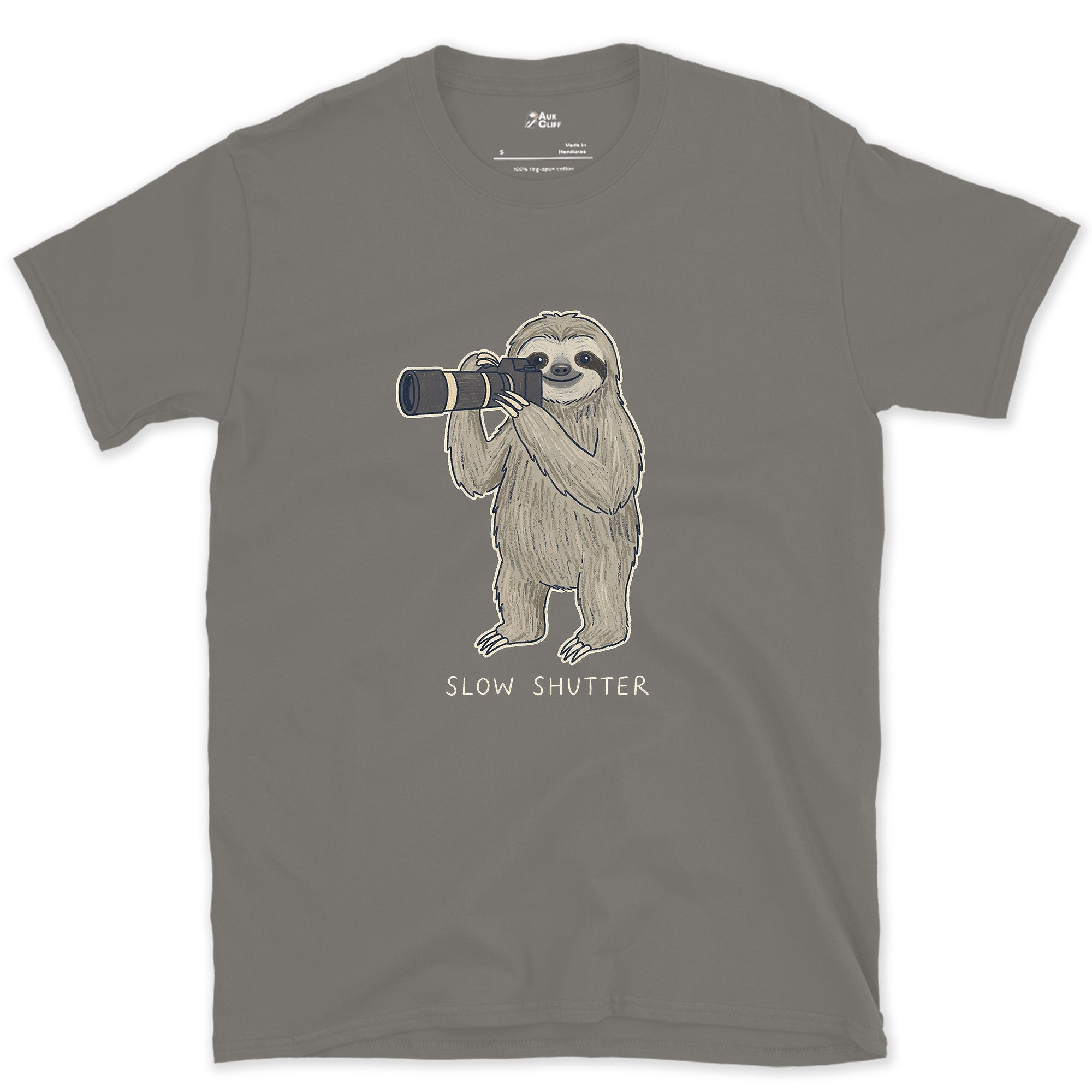 Slow Shutter, Sloth Never Rushes Anyway design on a Charcoal Gildan Softstyle t-shirt