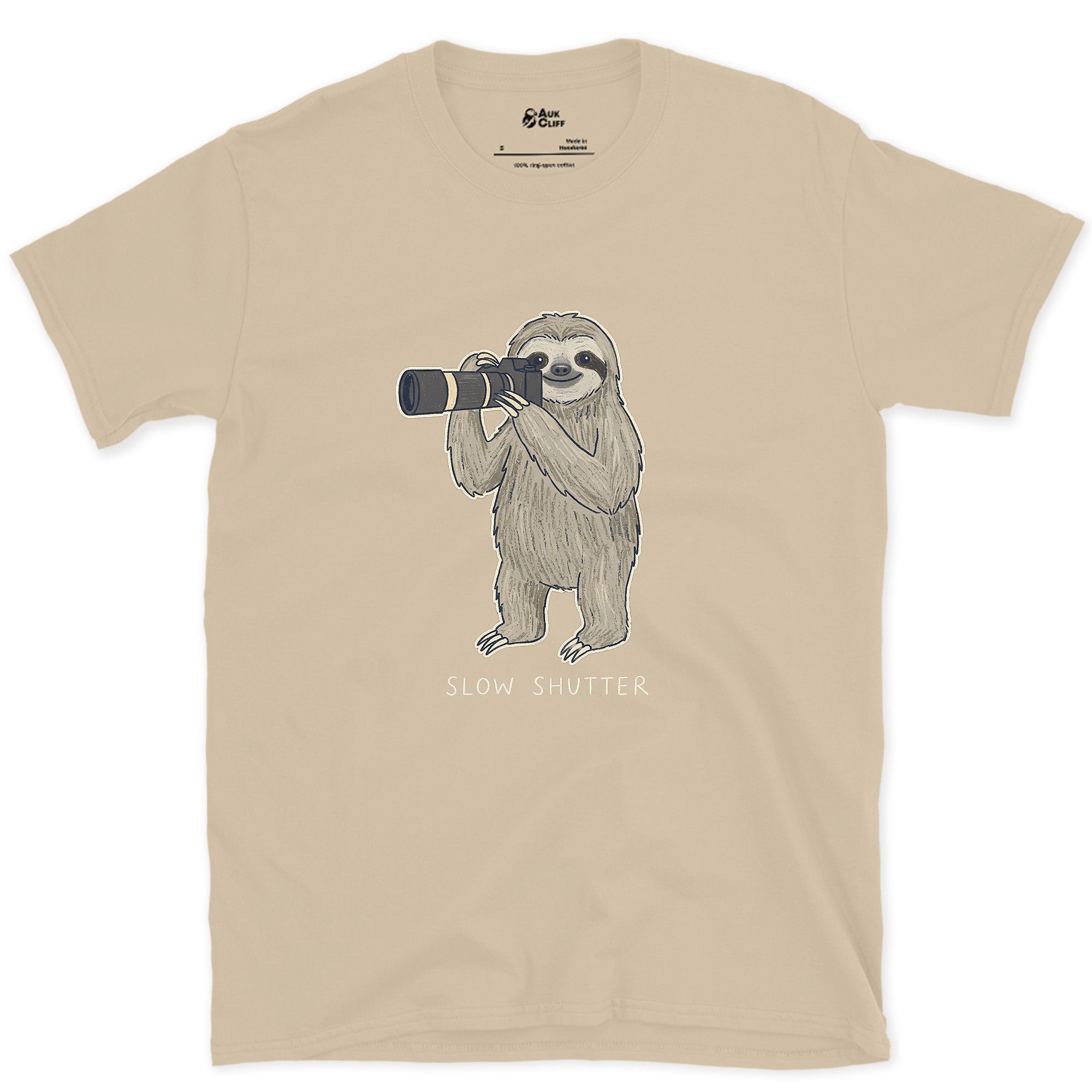 Slow Shutter, Sloth Never Rushes Anyway design on a Sand Gildan Softstyle t-shirt