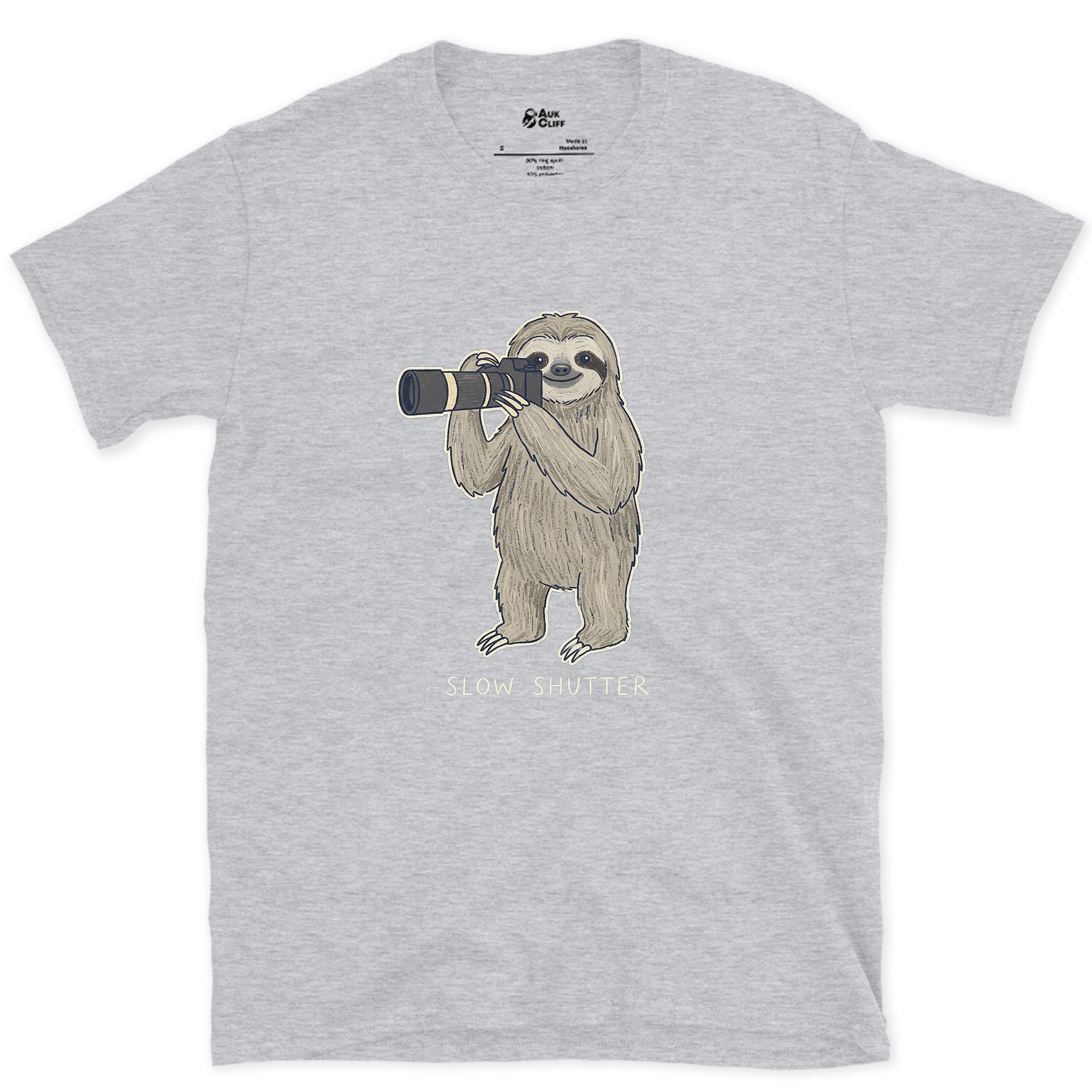 Slow Shutter, Sloth Never Rushes Anyway design on a Sport Grey Gildan Softstyle t-shirt