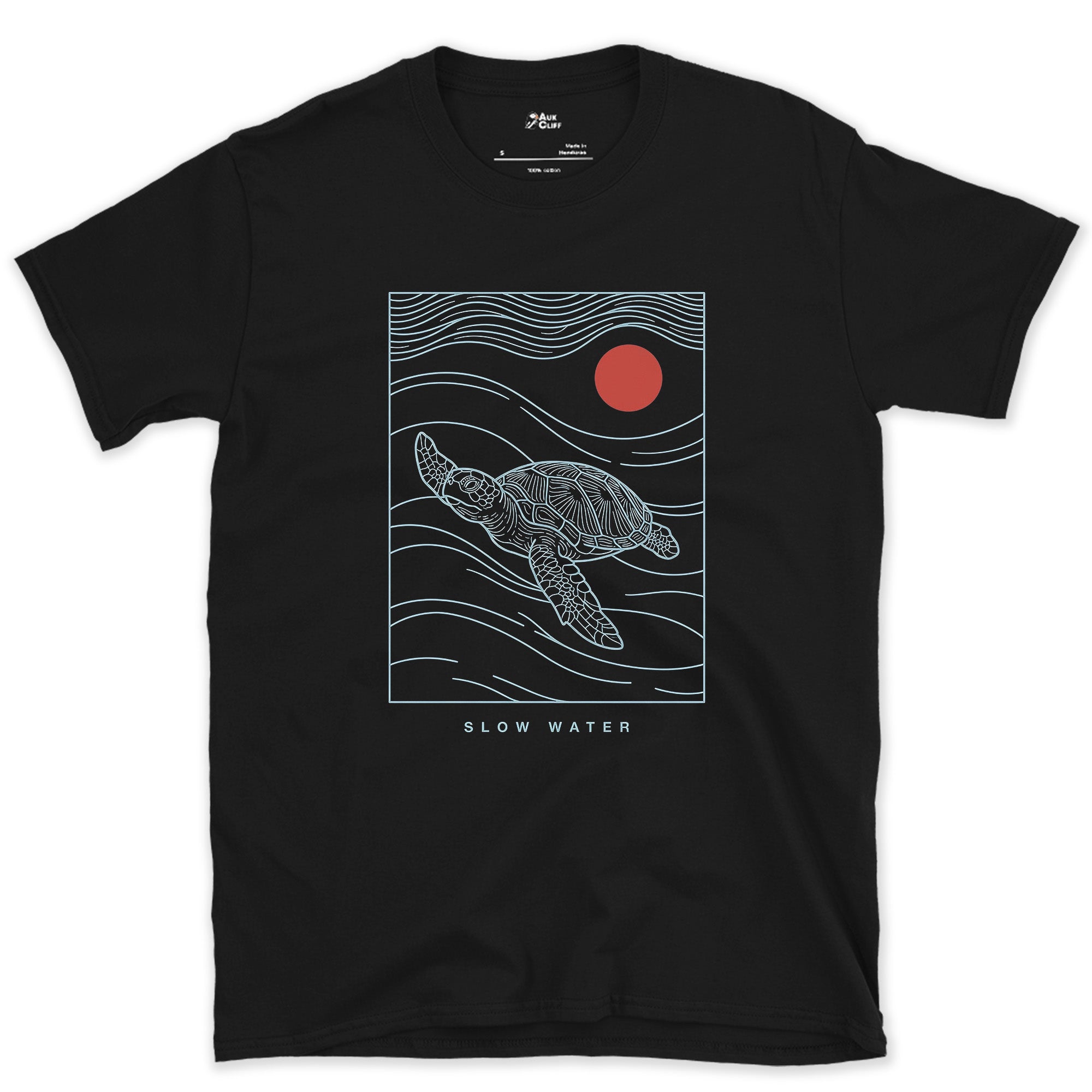 Slow Water, Sea Turtle design on a Black Gildan Softstyle t-shirt