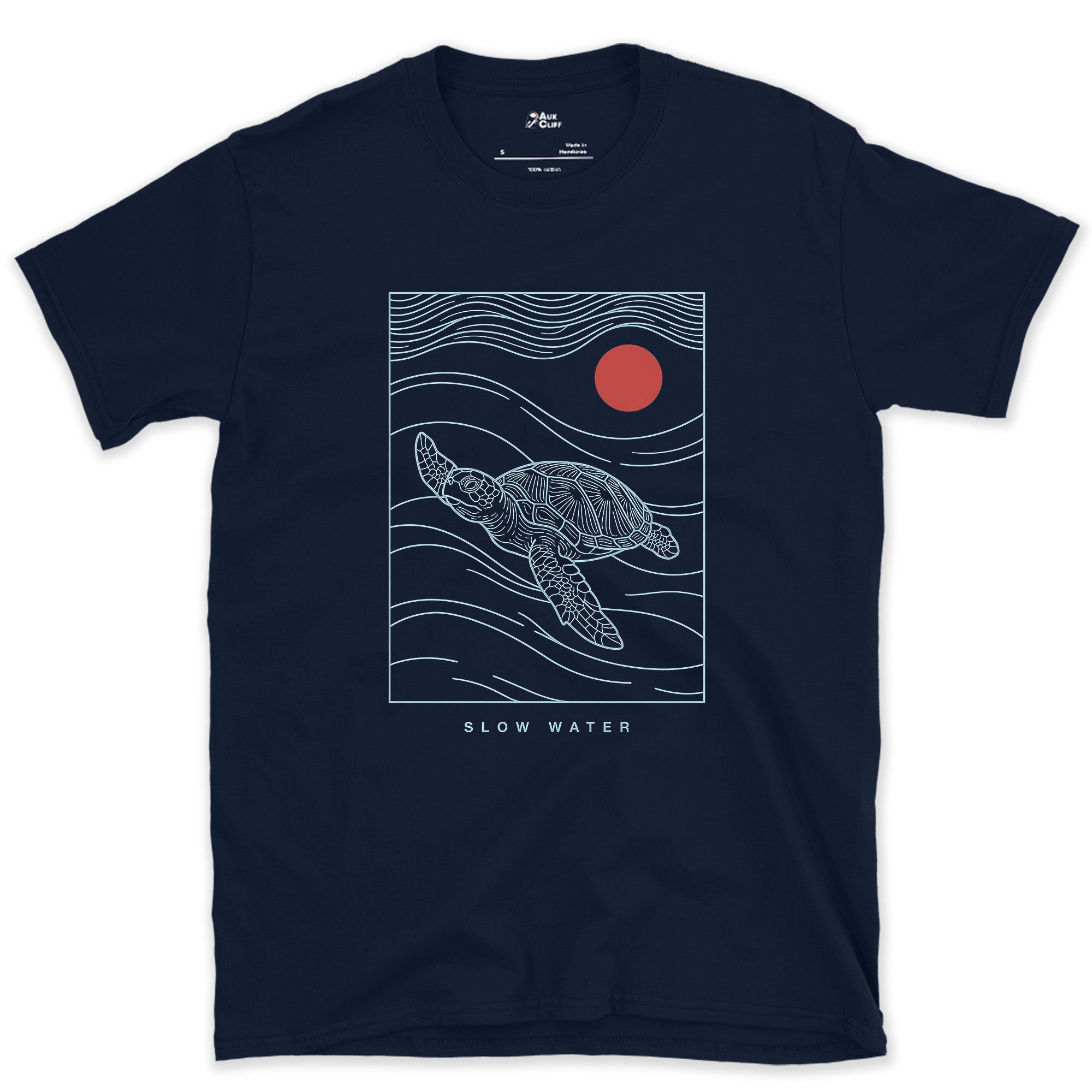 Slow Water, Sea Turtle design on a Navy Gildan Softstyle t-shirt