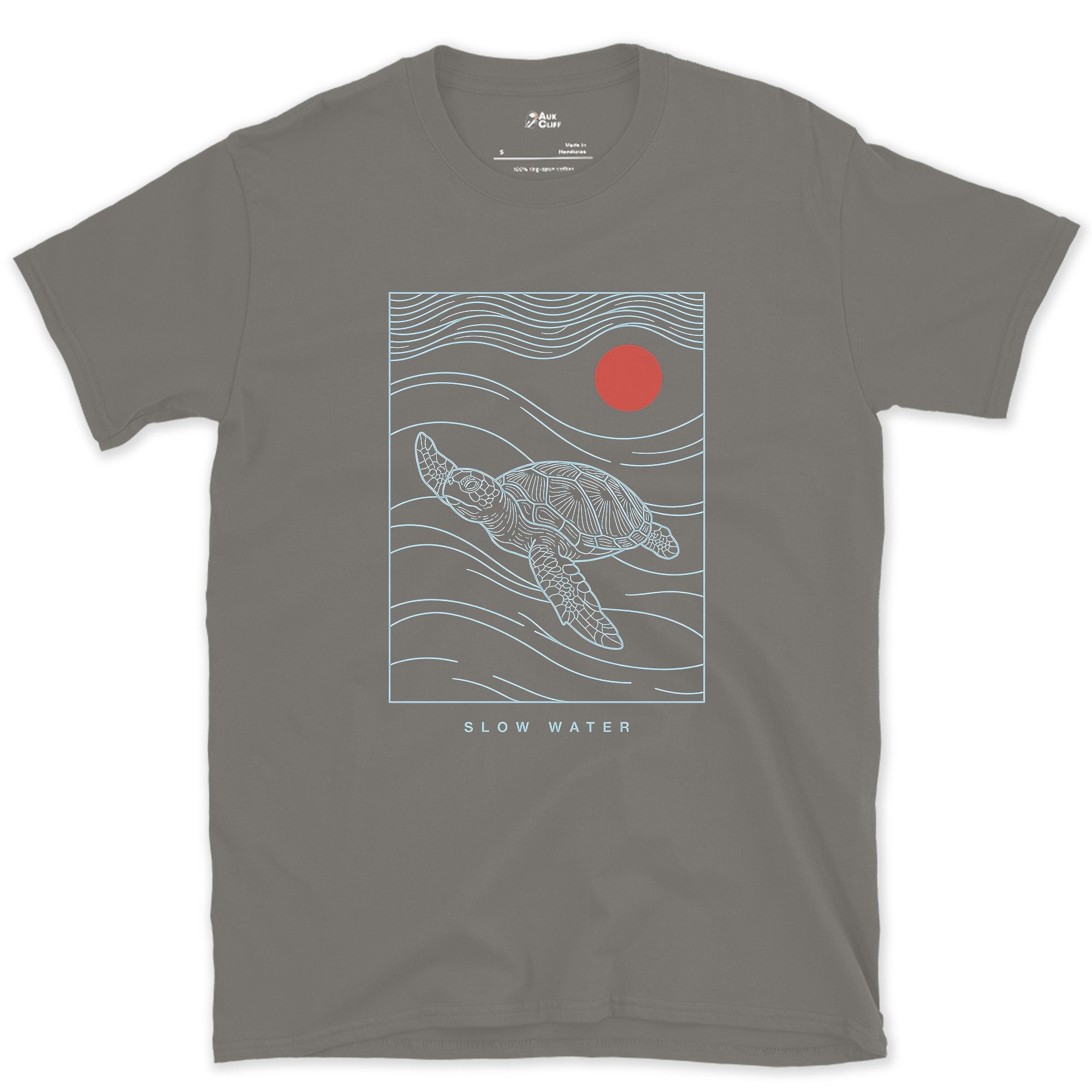 Slow Water, Sea Turtle design on a Charcoal Gildan Softstyle t-shirt