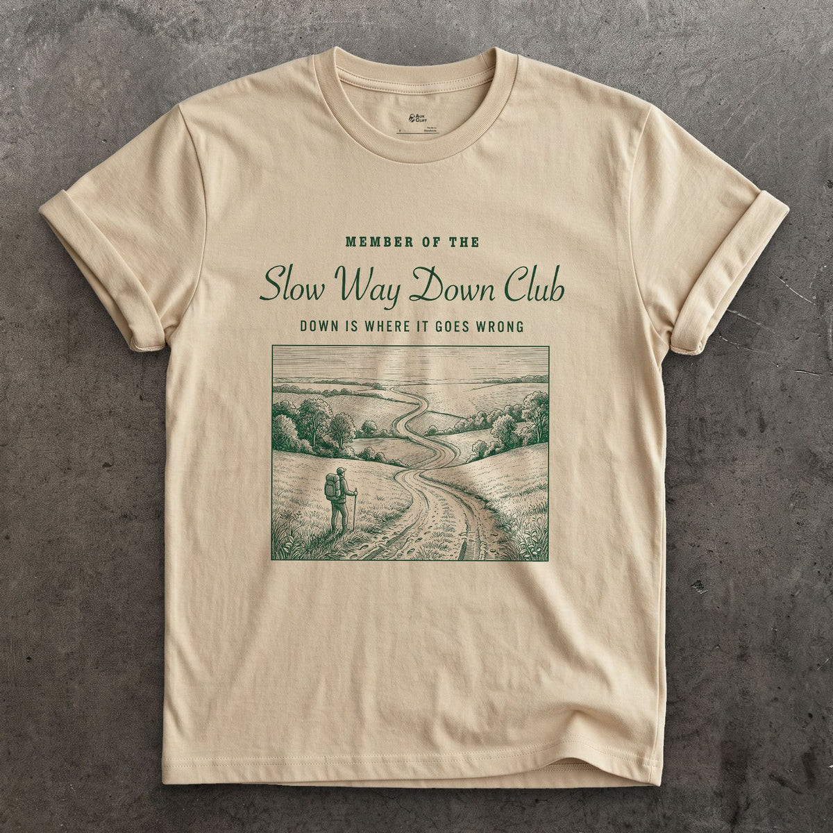 Down the Trail Is Where It Goes Wrong, Slow Way Down Club design on a Sand Gildan Softstyle t-shirt