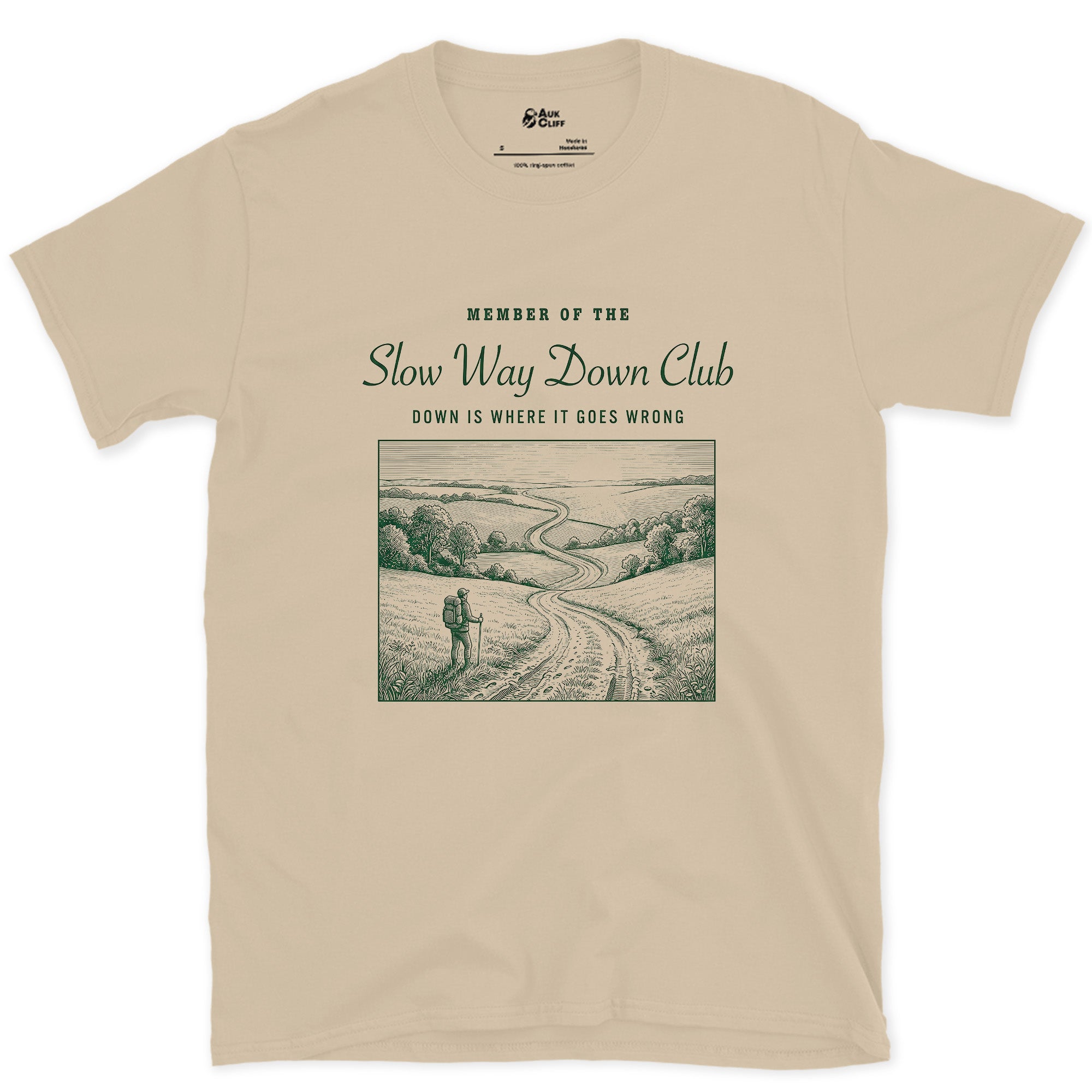 Down the Trail Is Where It Goes Wrong, Slow Way Down Club design on a Sand Gildan Softstyle t-shirt