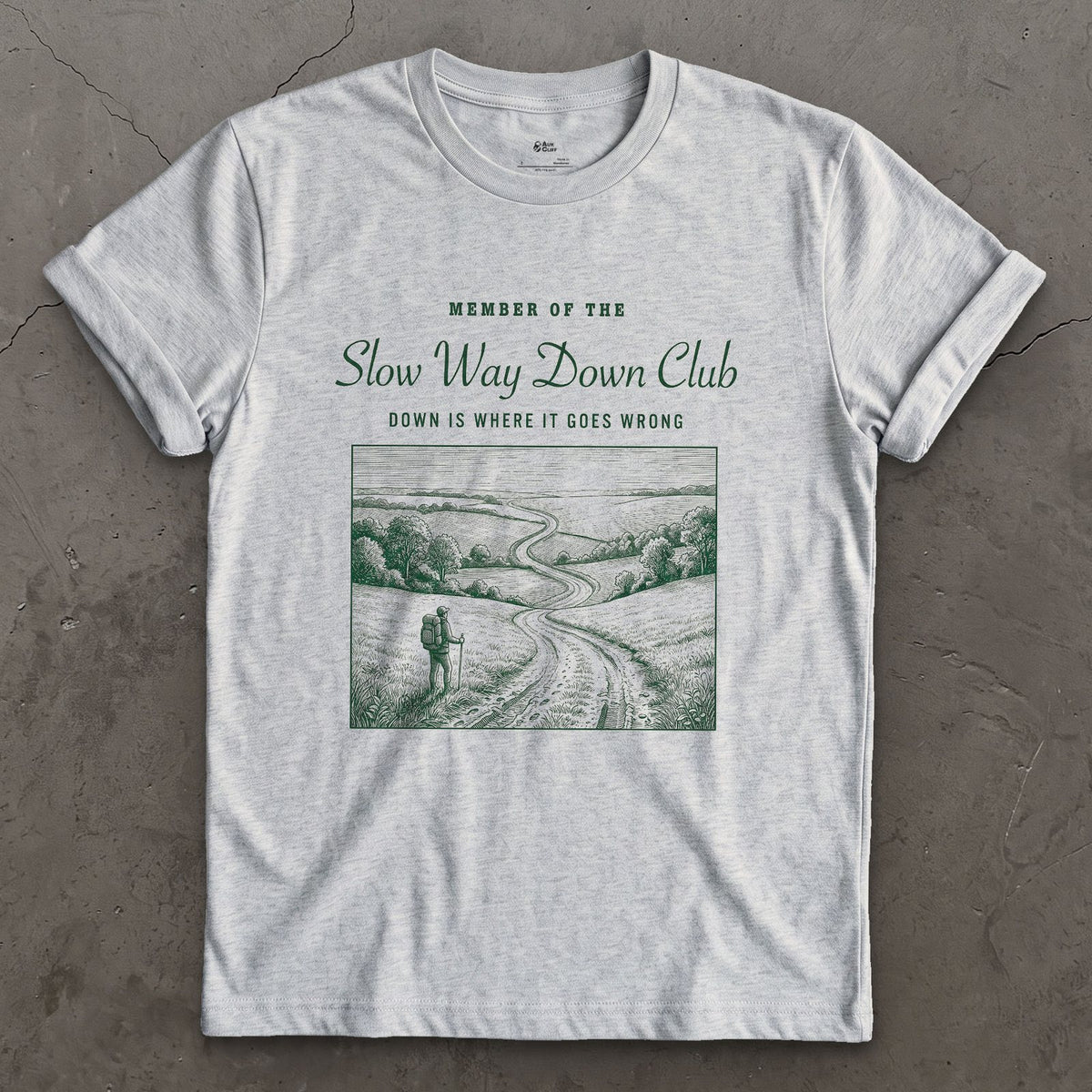 Down the Trail Is Where It Goes Wrong, Slow Way Down Club design on a Sport Grey Gildan Softstyle t-shirt