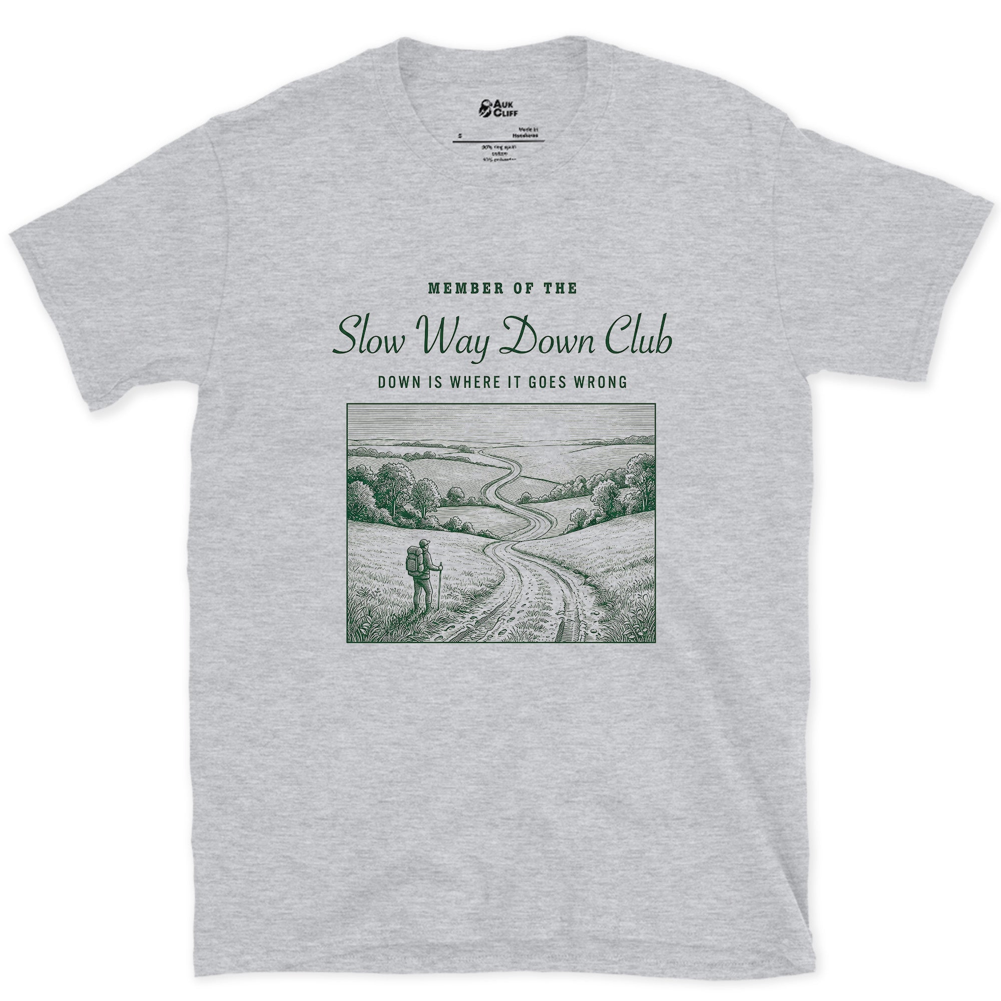 Down the Trail Is Where It Goes Wrong, Slow Way Down Club design on a Sport Grey Gildan Softstyle t-shirt