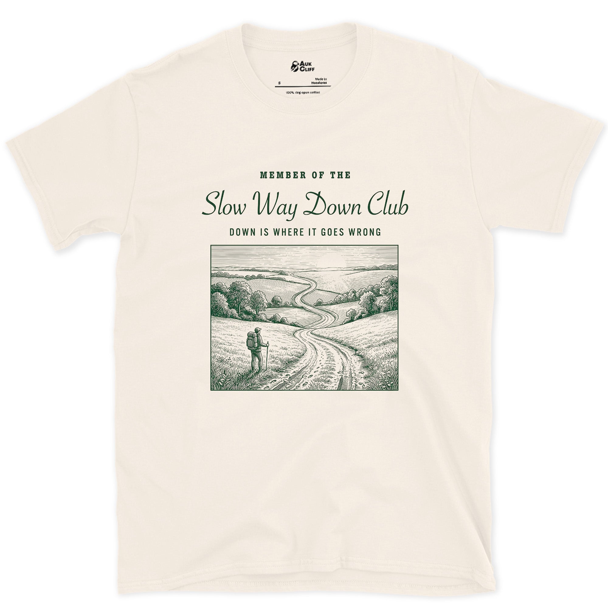 Down the Trail Is Where It Goes Wrong, Slow Way Down Club design on a Natural Gildan Softstyle t-shirt