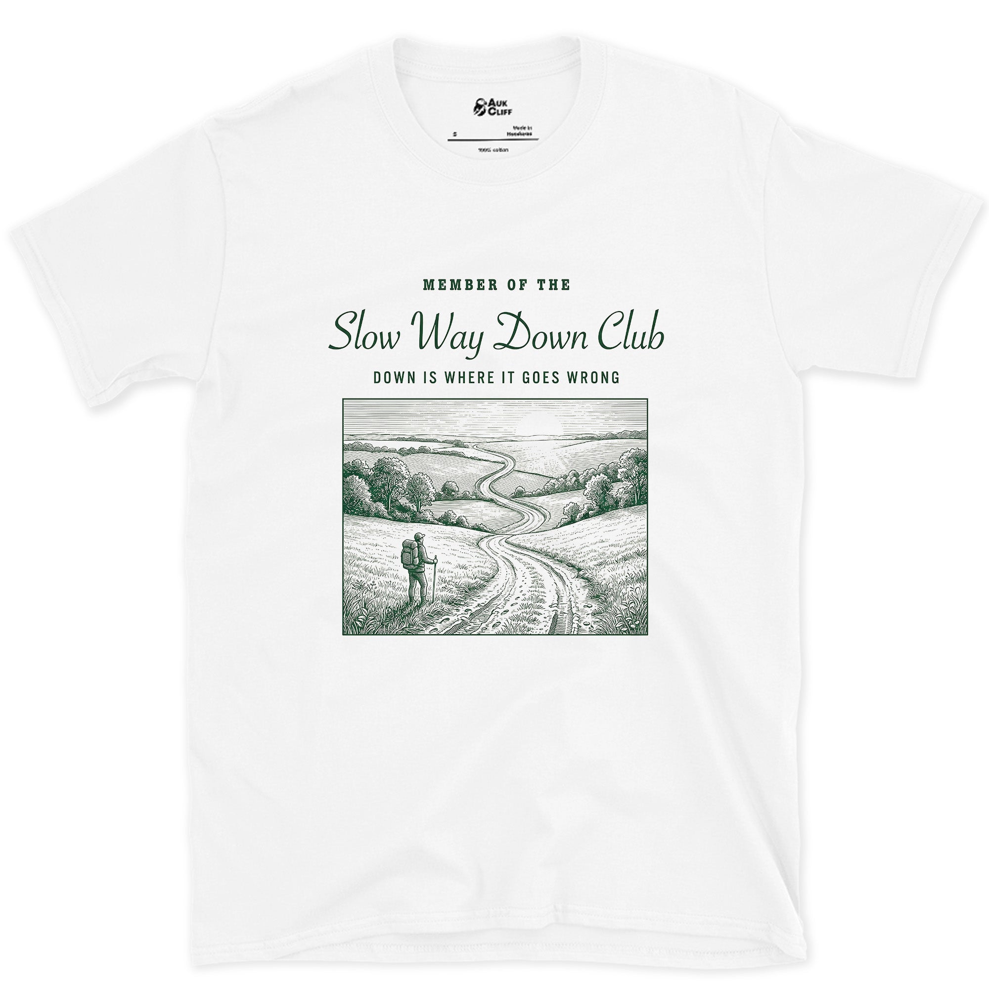 Down the Trail Is Where It Goes Wrong, Slow Way Down Club design on a White Gildan Softstyle t-shirt