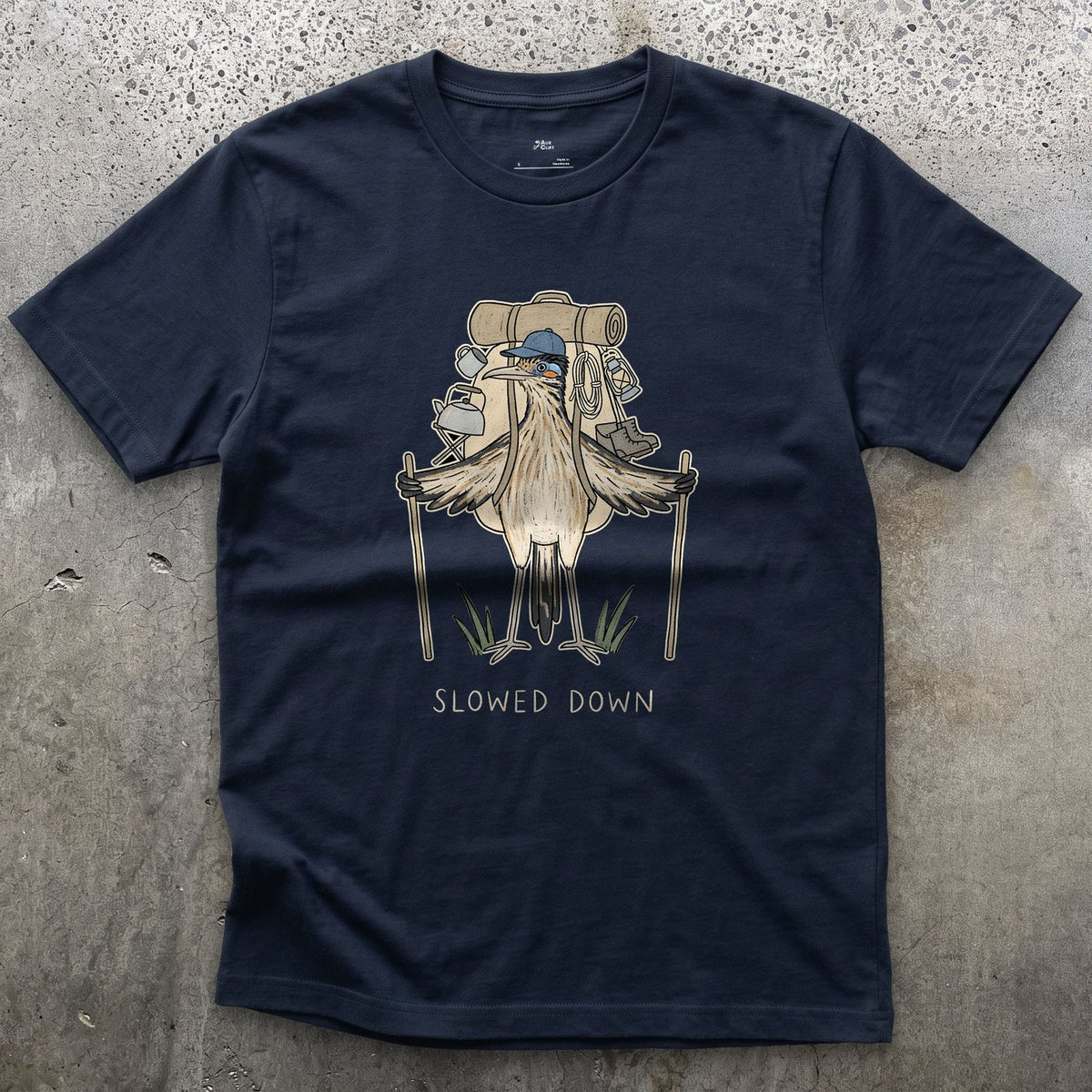 Slowed Down, Roadrunner Hiker design on a Navy Gildan Softstyle t-shirt