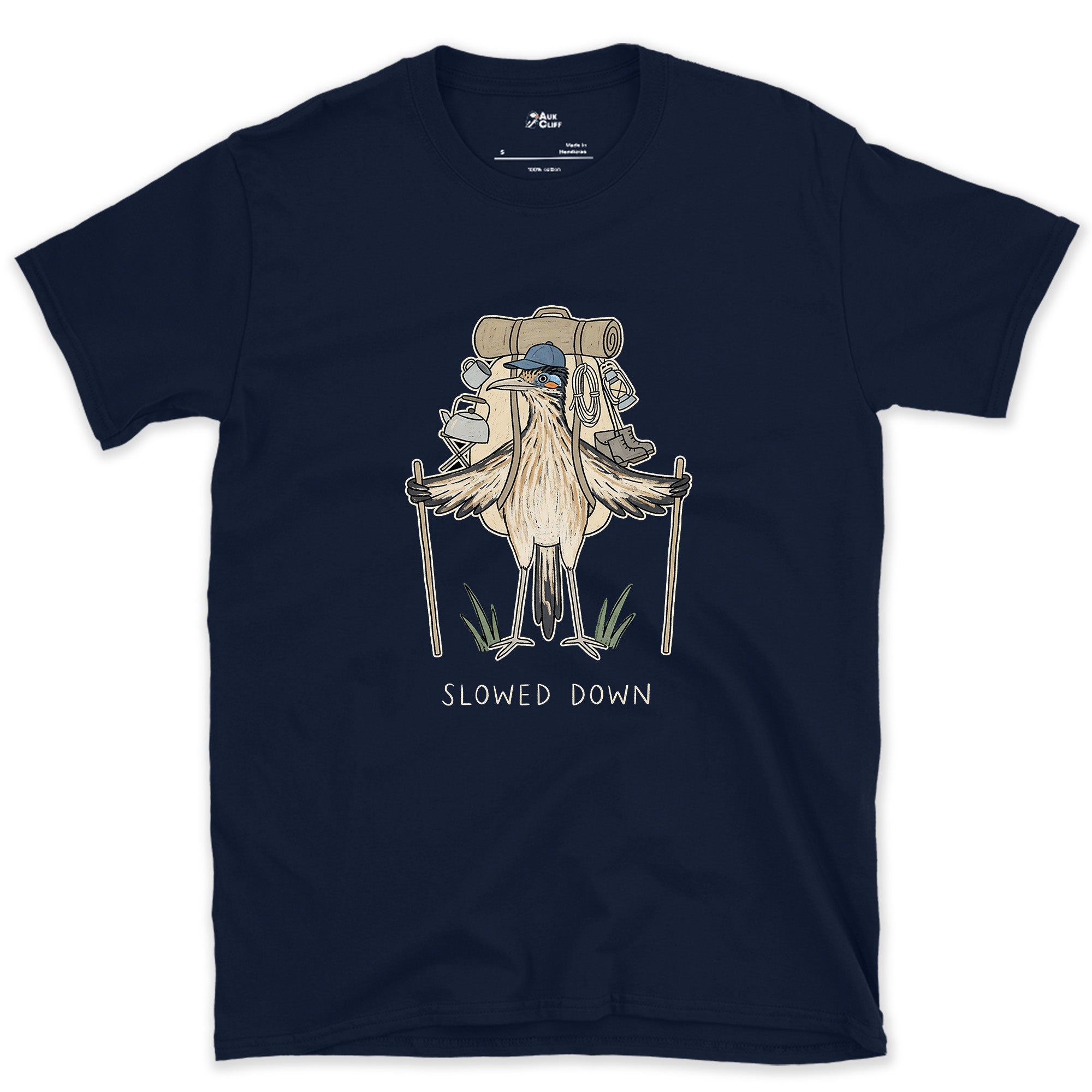 Slowed Down, Roadrunner Hiker design on a Navy Gildan Softstyle t-shirt