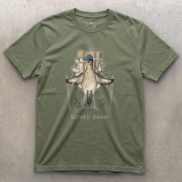 Slowed Down, Roadrunner Hiker design on a Military Green Gildan Softstyle t-shirt