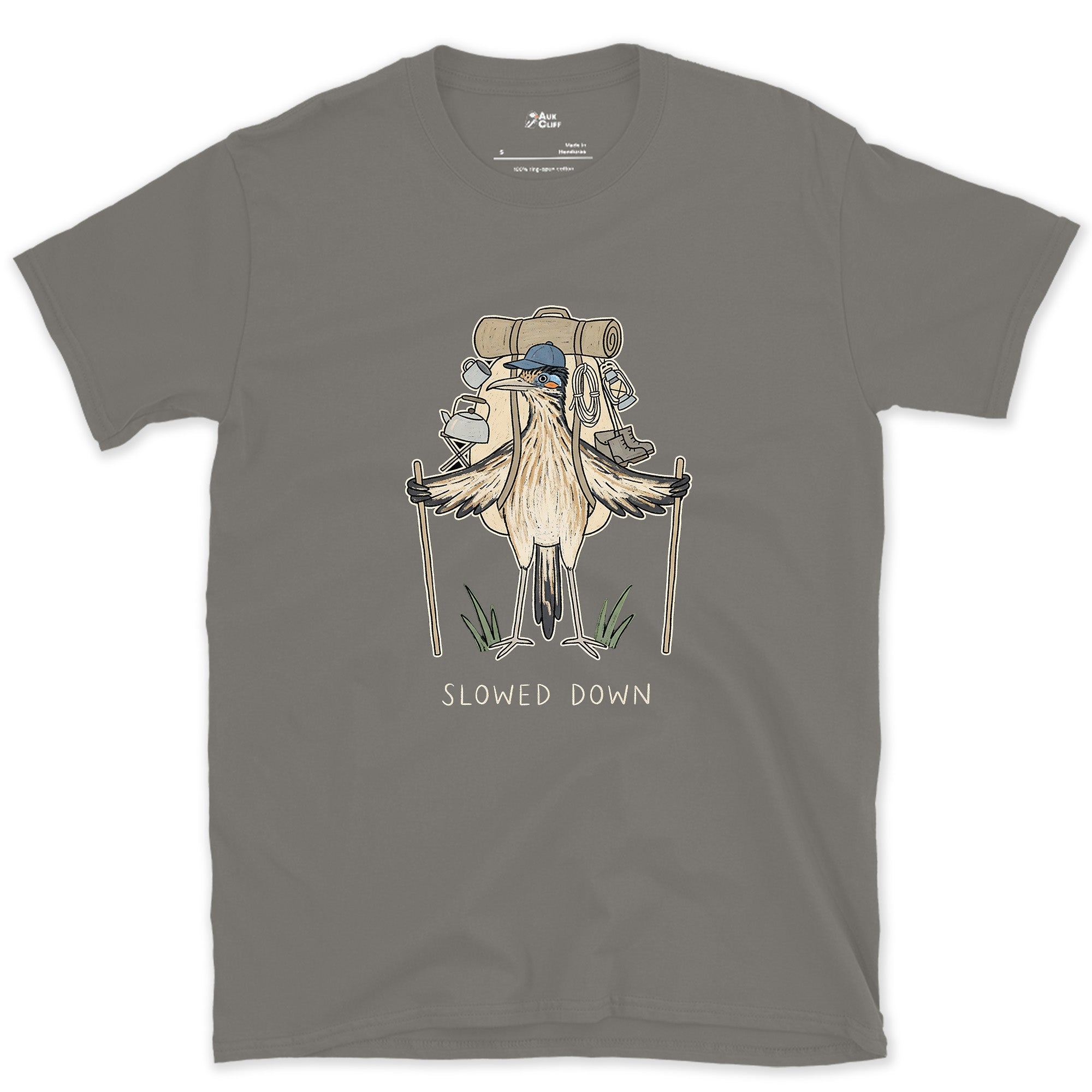 Slowed Down, Roadrunner Hiker design on a Charcoal Gildan Softstyle t-shirt