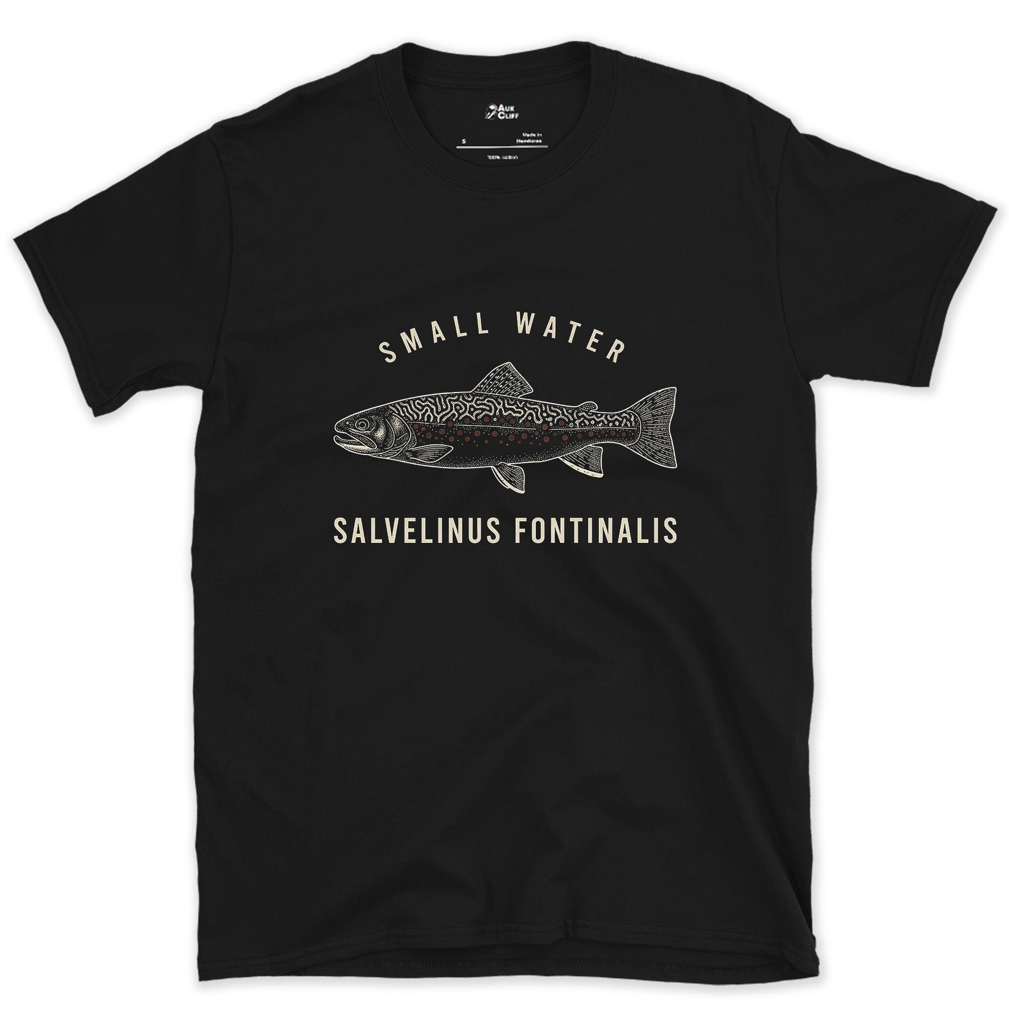 Small Water Brook Trout design on a Black Gildan Softstyle t-shirt