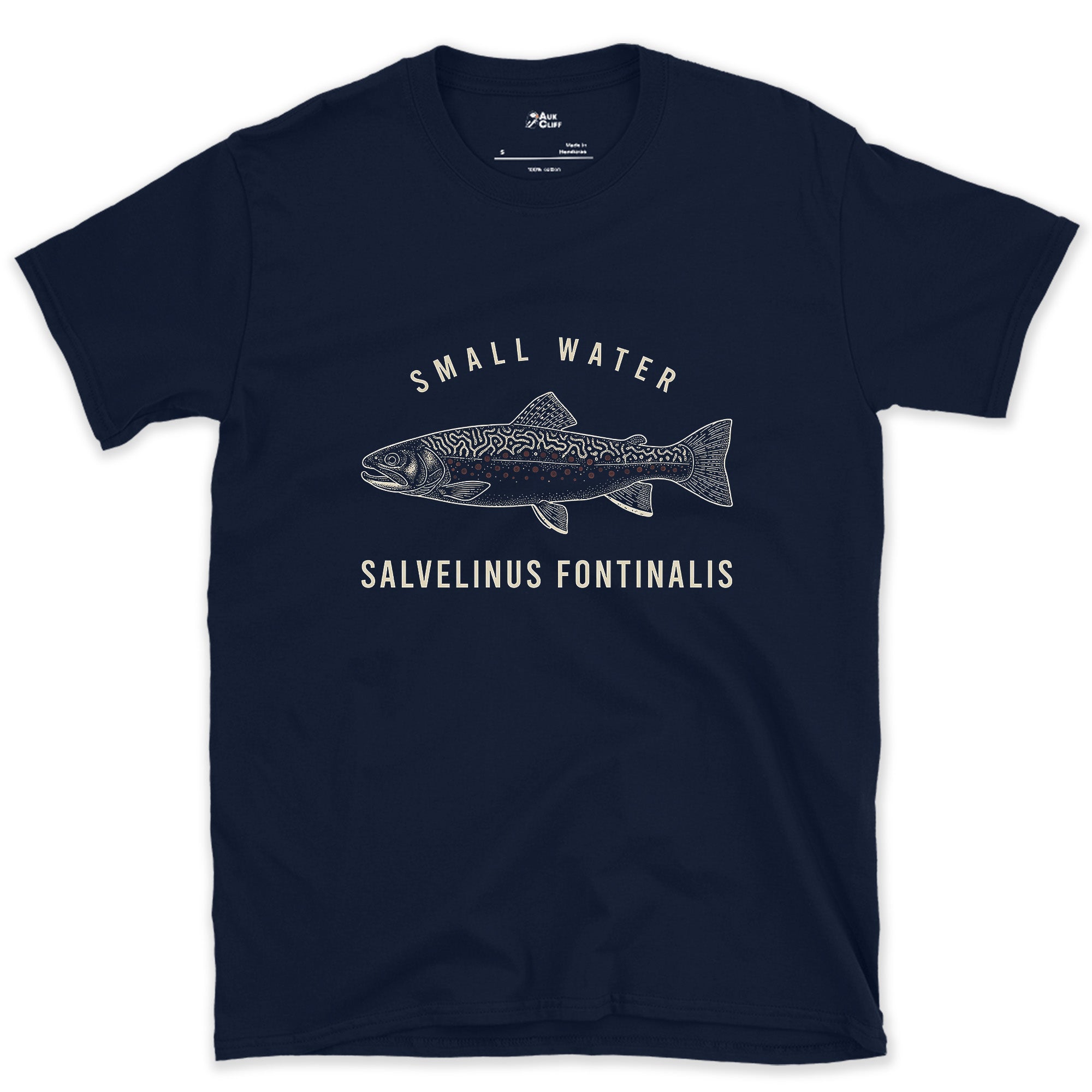 Small Water Brook Trout design on a Navy Gildan Softstyle t-shirt