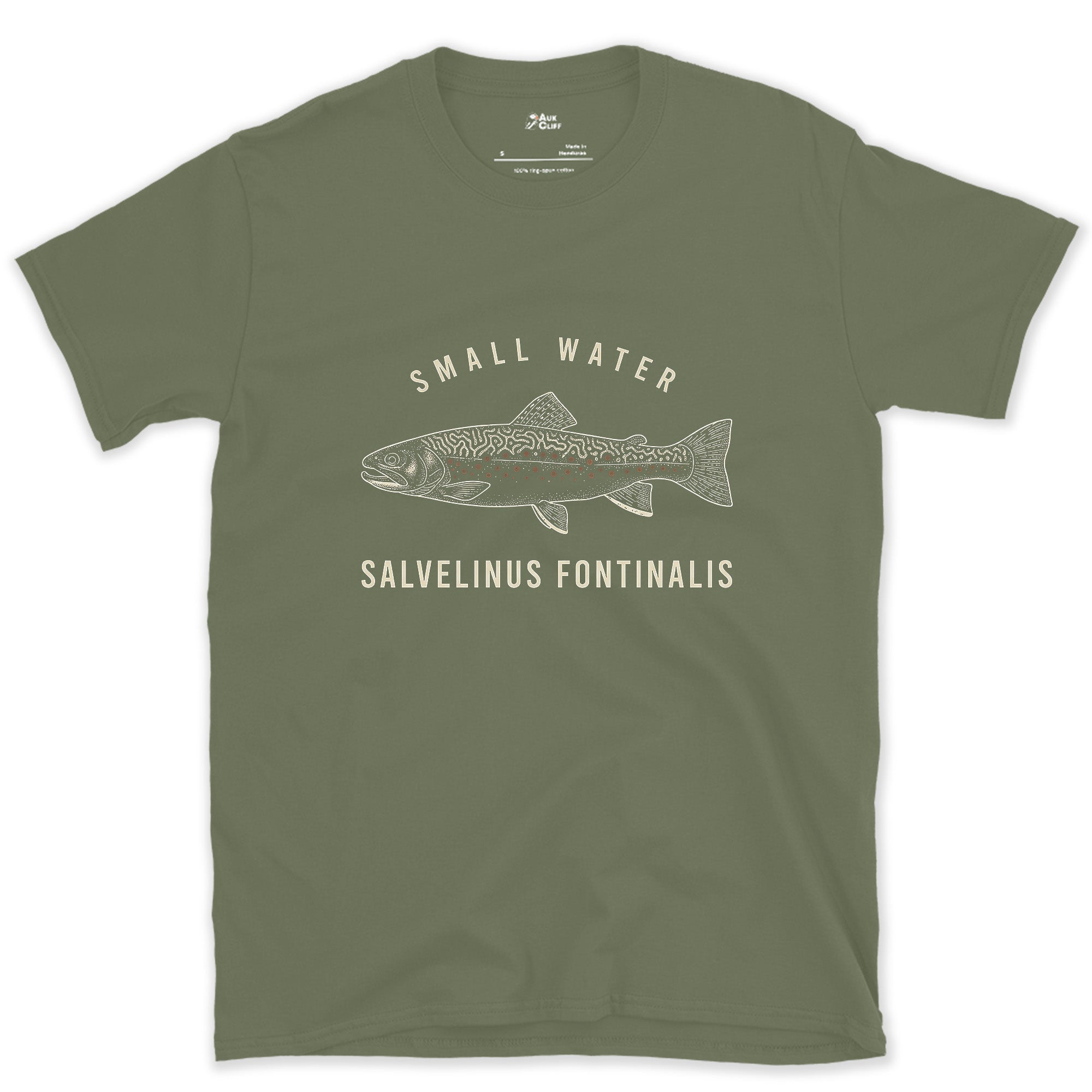 Small Water Brook Trout design on a Military Green Gildan Softstyle t-shirt