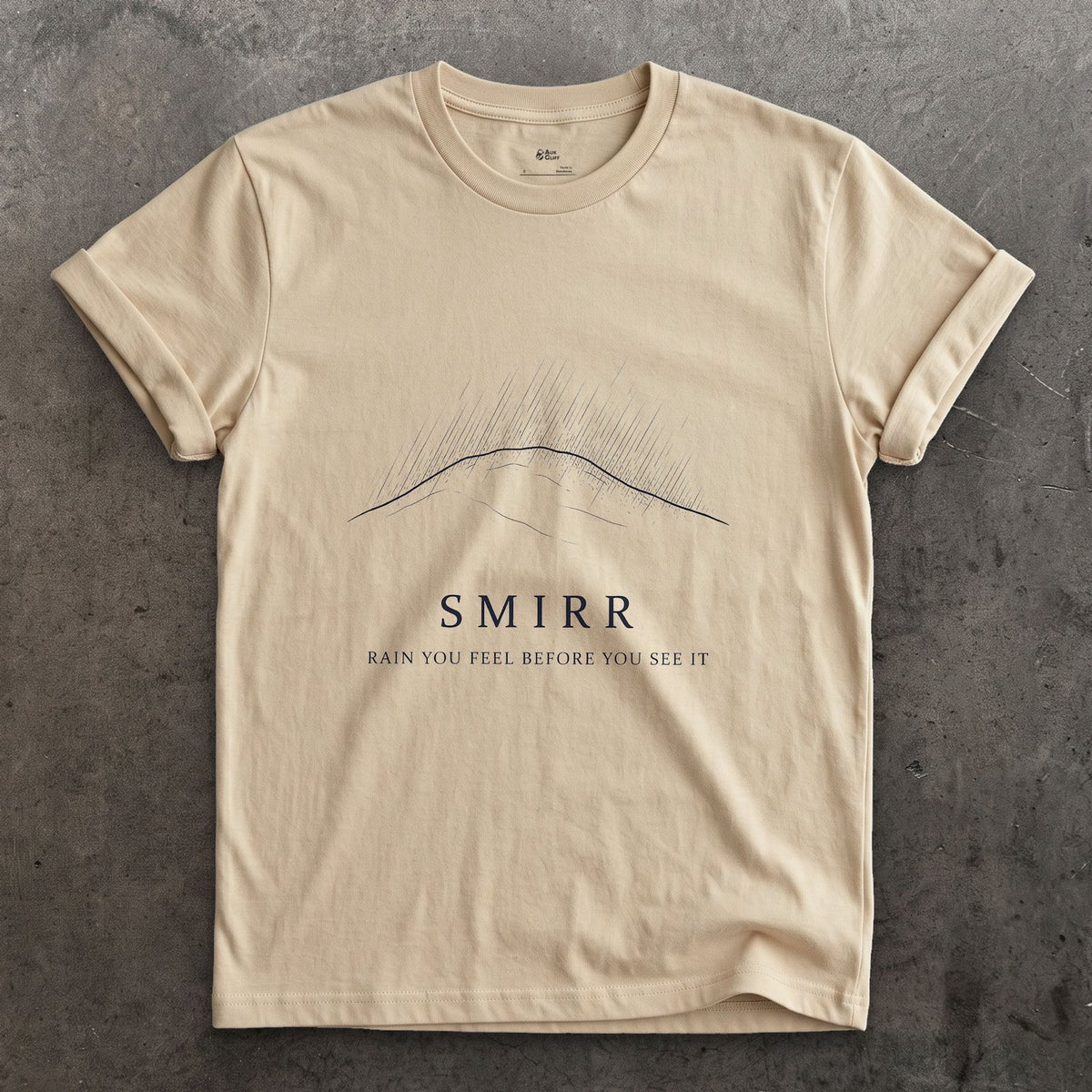 Smirr, Rain You Feel Before You See it design on a Sand Gildan Softstyle t-shirt