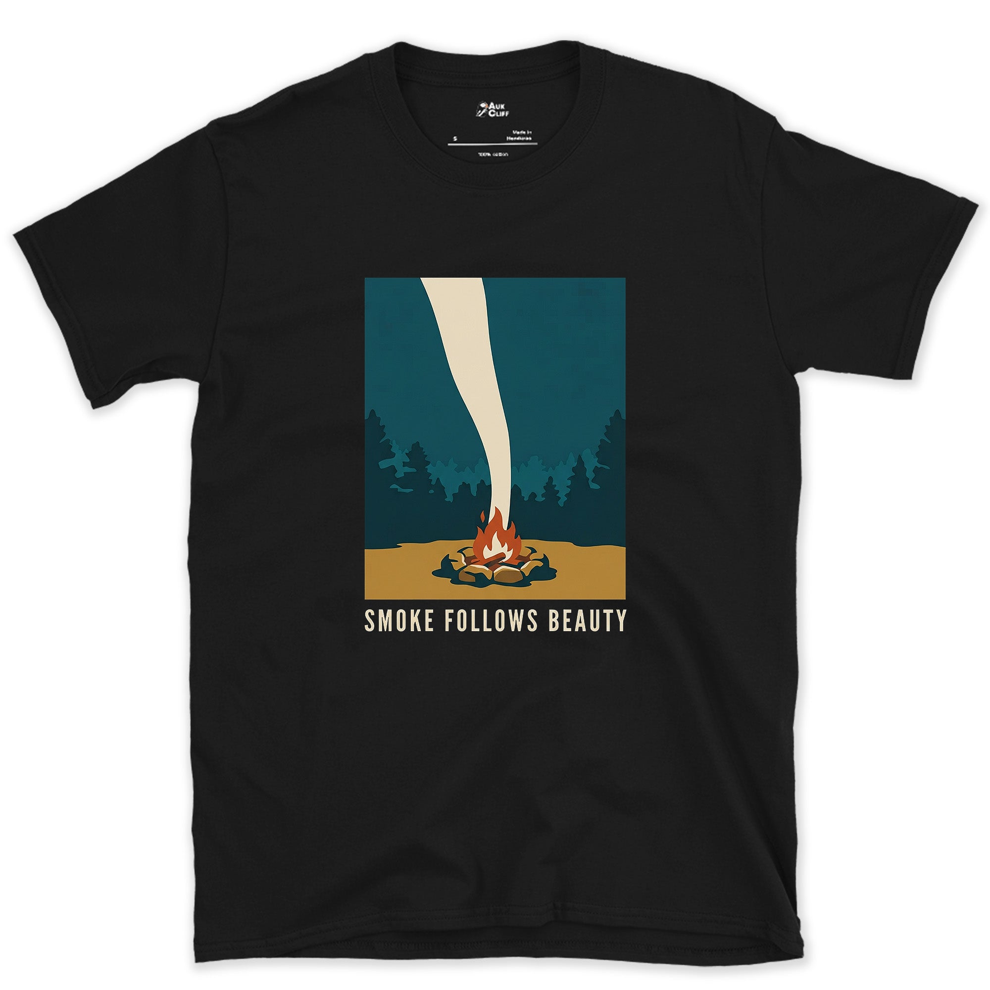 Old Campsite Wisdom, Rising in Smoke design on a Black Gildan Softstyle t-shirt