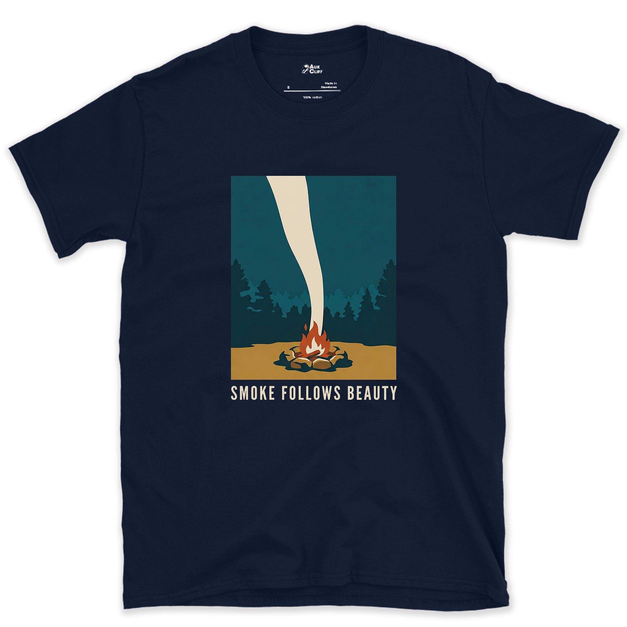 Old Campsite Wisdom, Rising in Smoke design on a Navy Gildan Softstyle t-shirt